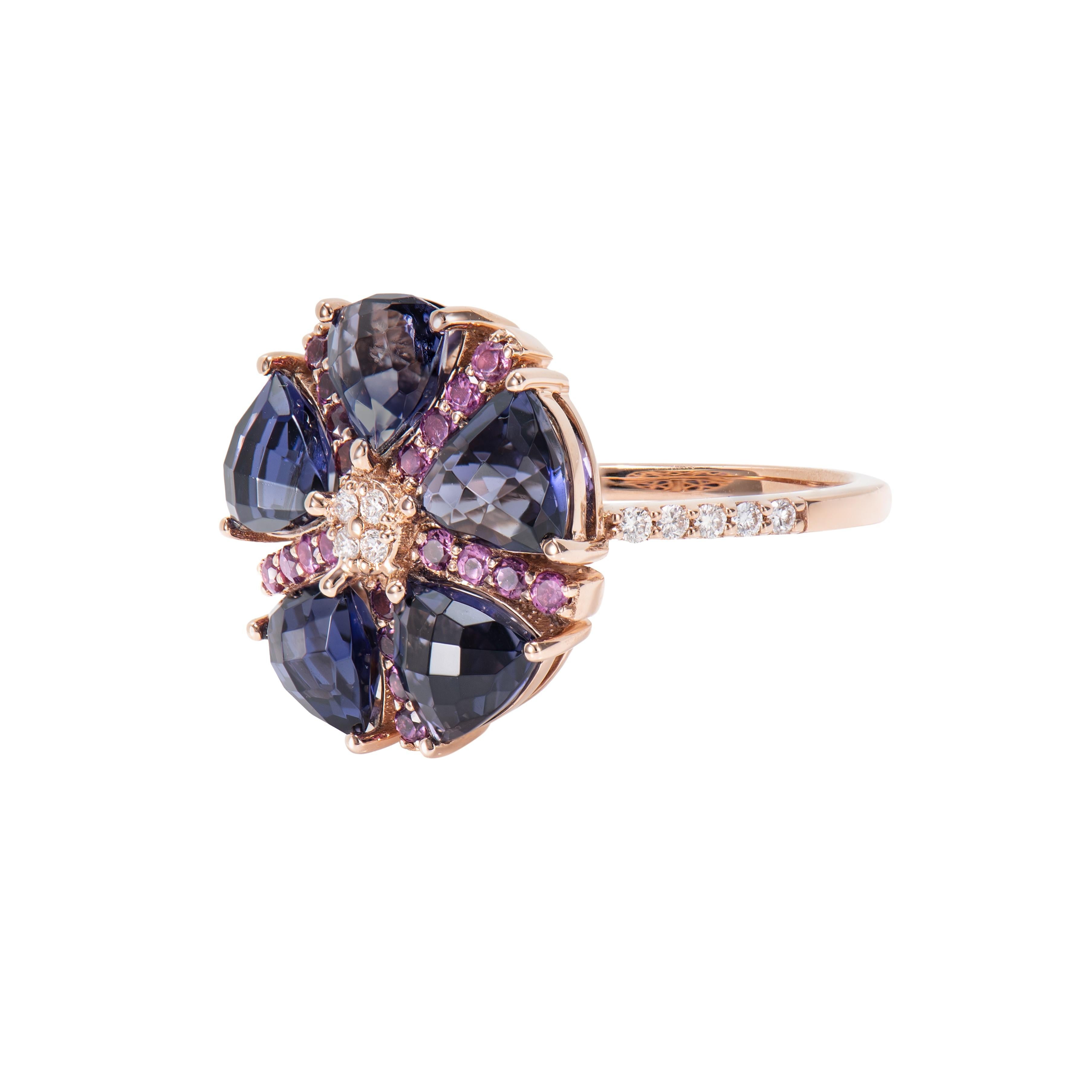 Trillion Cut 3.56 Carat Iolite Fancy Ring in 18K Rose Gold with Rhodolite and White Diamond For Sale