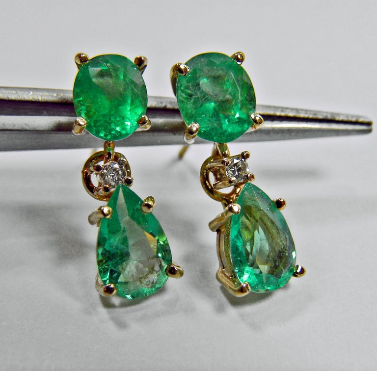 3.56 Carat Natural Colombian Emerald Dangle Earrings 18 Karat For Sale