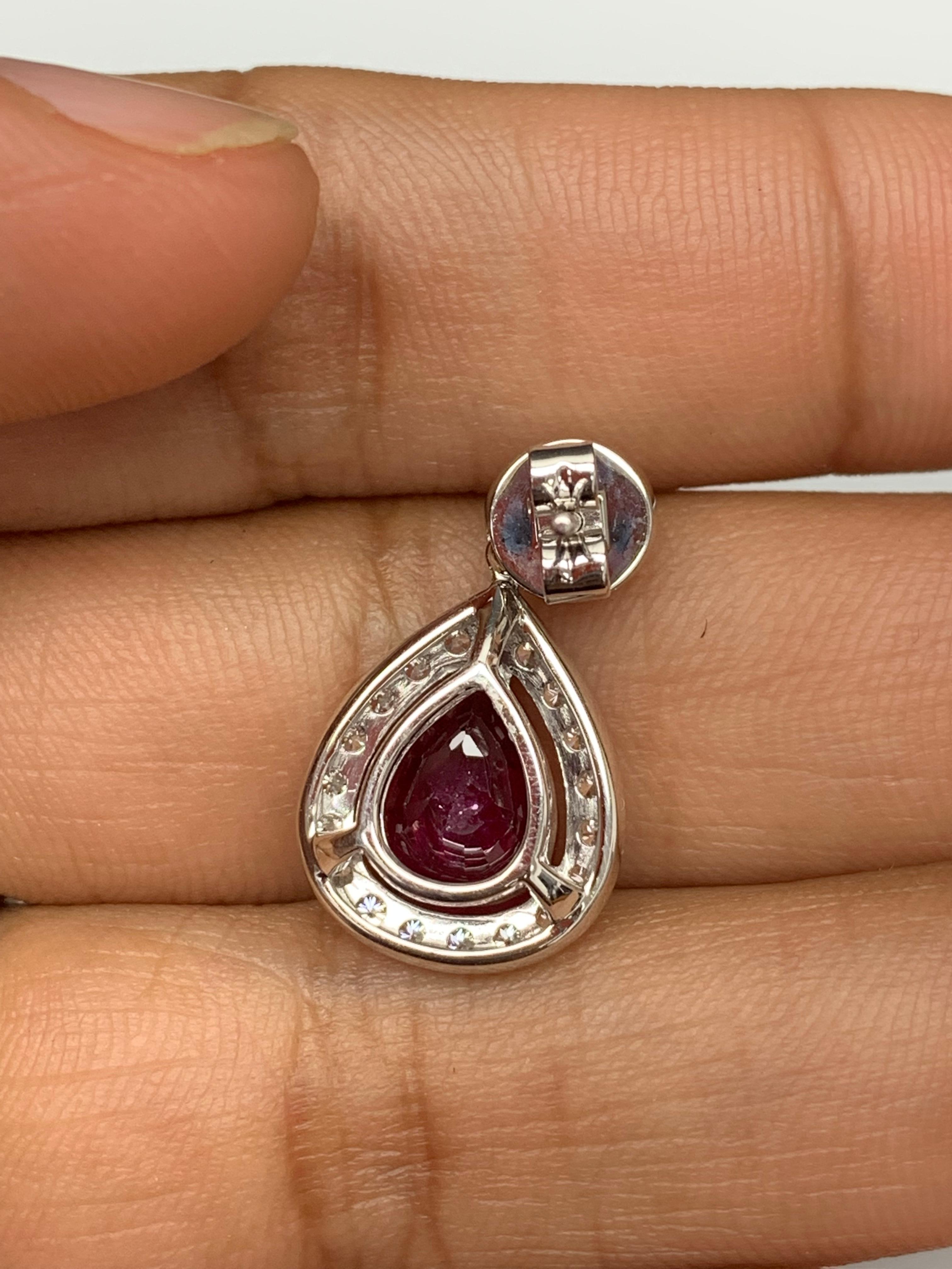 3.56 Carat of Pear Shape Ruby Diamond Drop Earrings in 18K White Gold For Sale 4