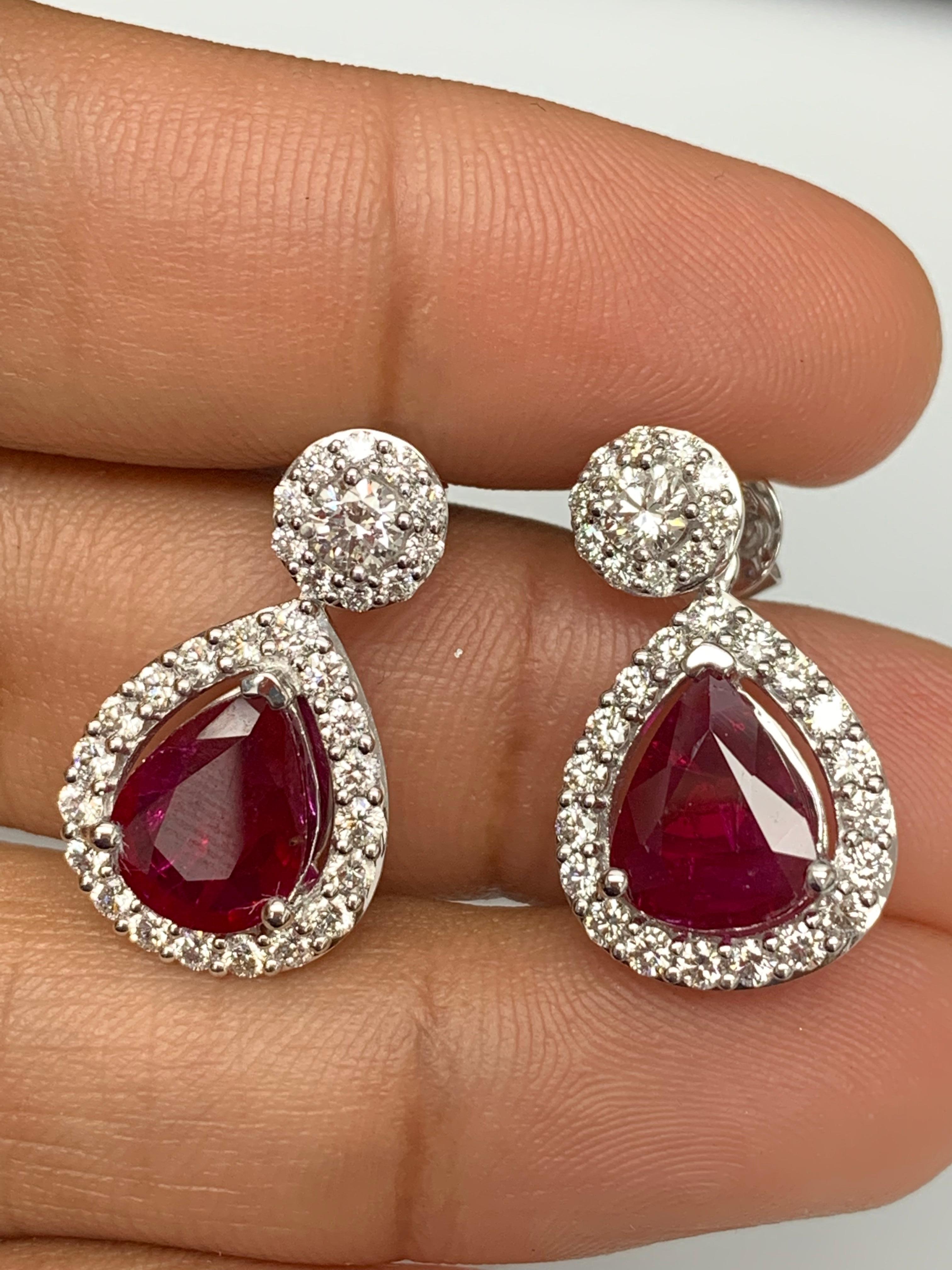 3.56 Carat of Pear Shape Ruby Diamond Drop Earrings in 18K White Gold For Sale 5
