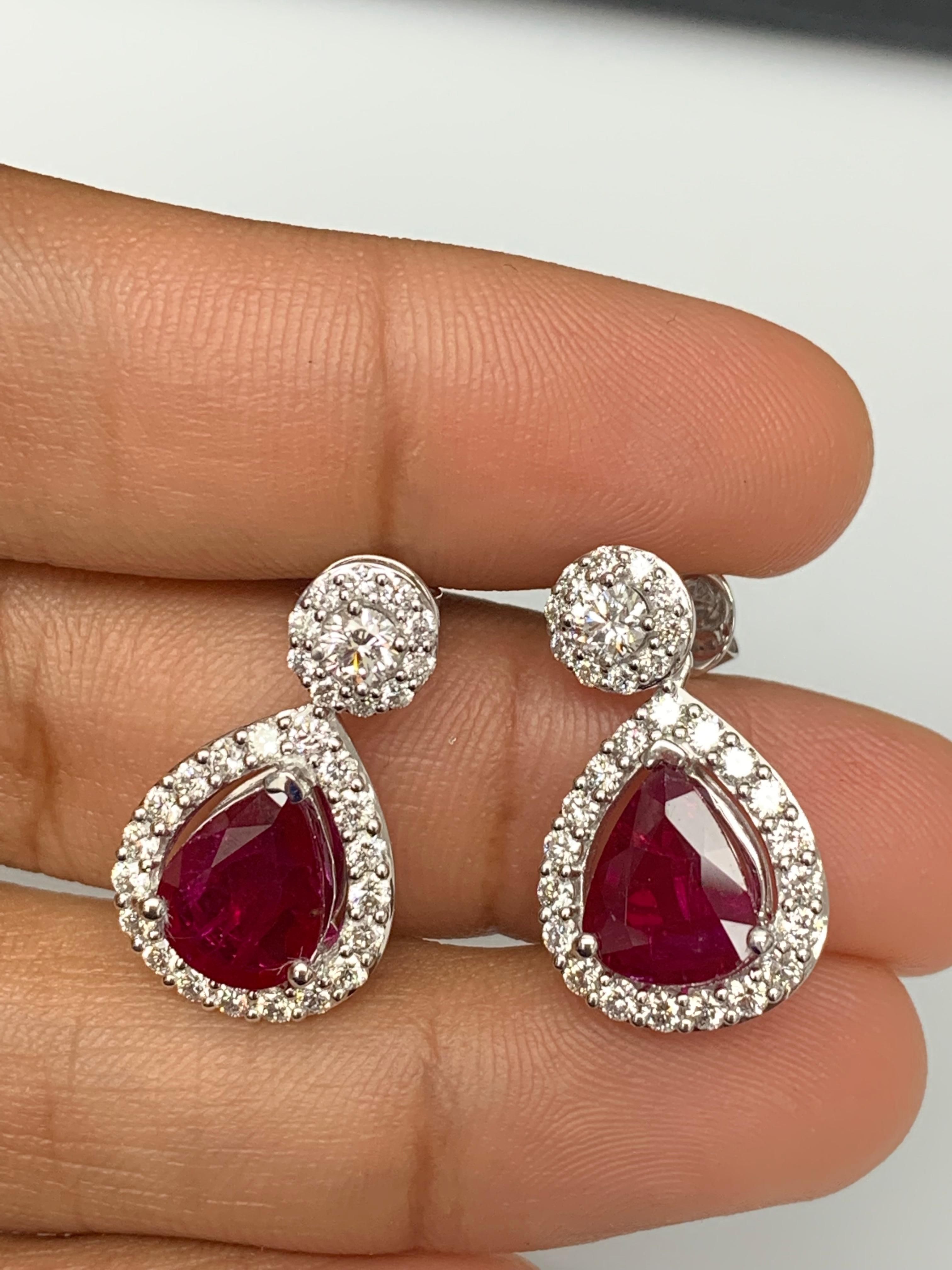 3.56 Carat of Pear Shape Ruby Diamond Drop Earrings in 18K White Gold For Sale 6