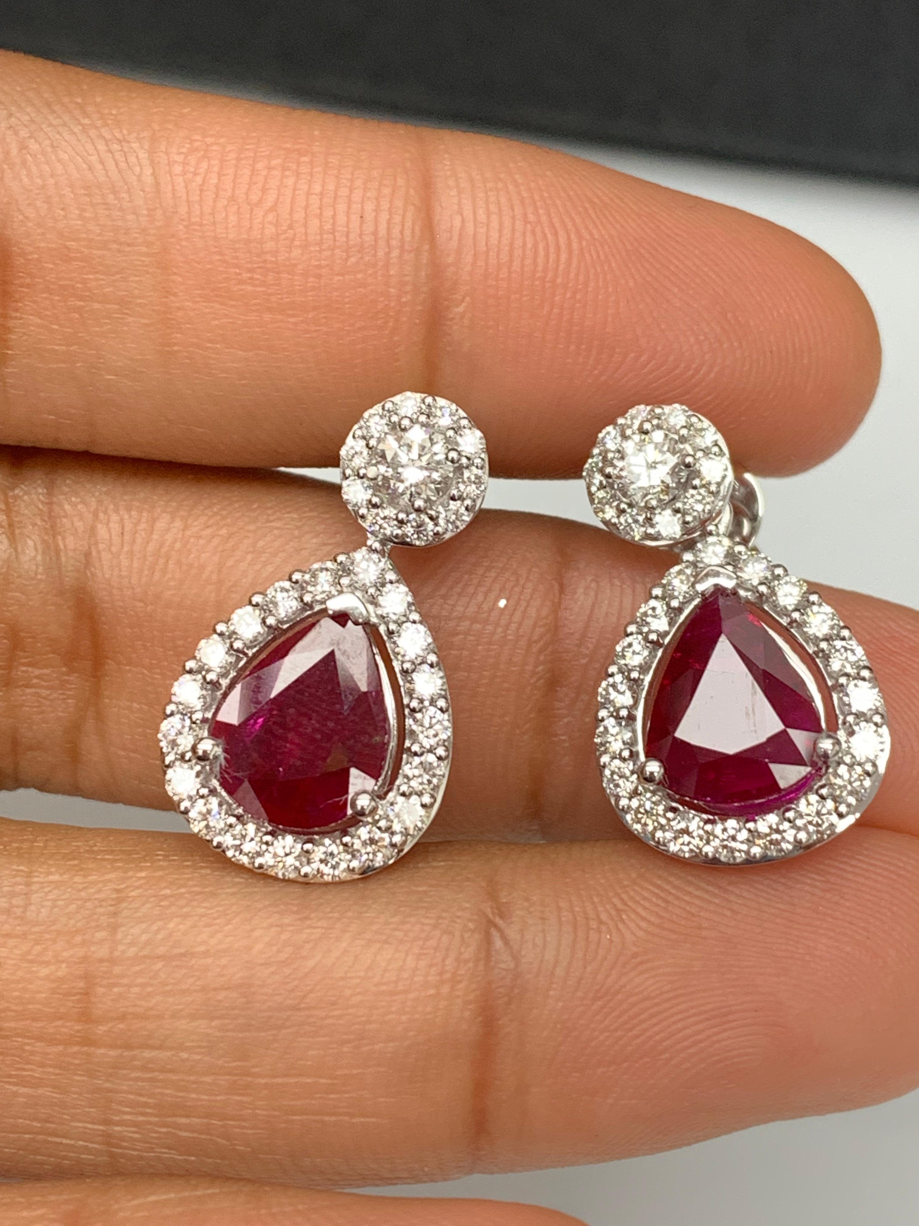3.56 Carat of Pear Shape Ruby Diamond Drop Earrings in 18K White Gold For Sale 7