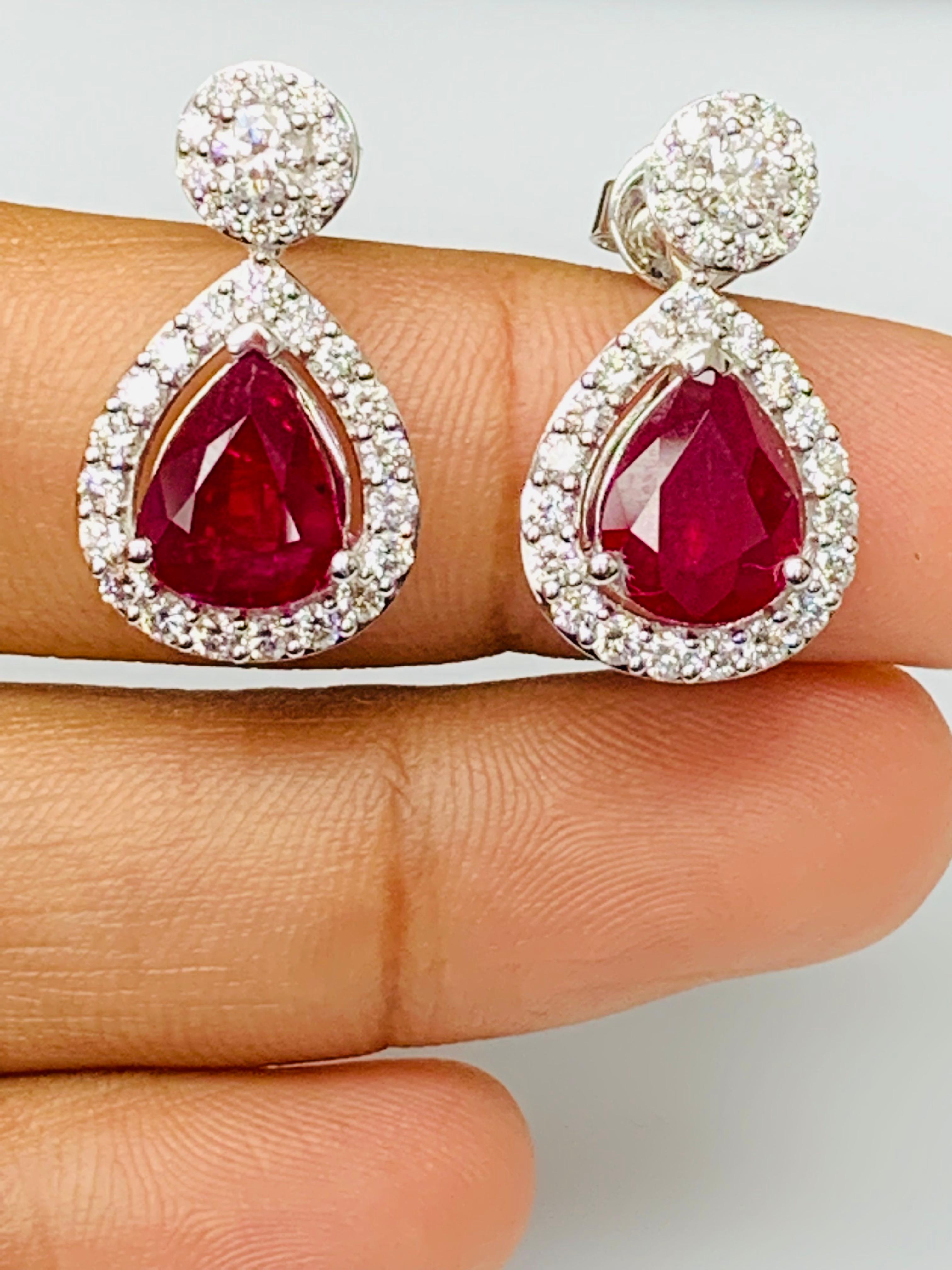 Contemporary 3.56 Carat of Pear Shape Ruby Diamond Drop Earrings in 18K White Gold For Sale