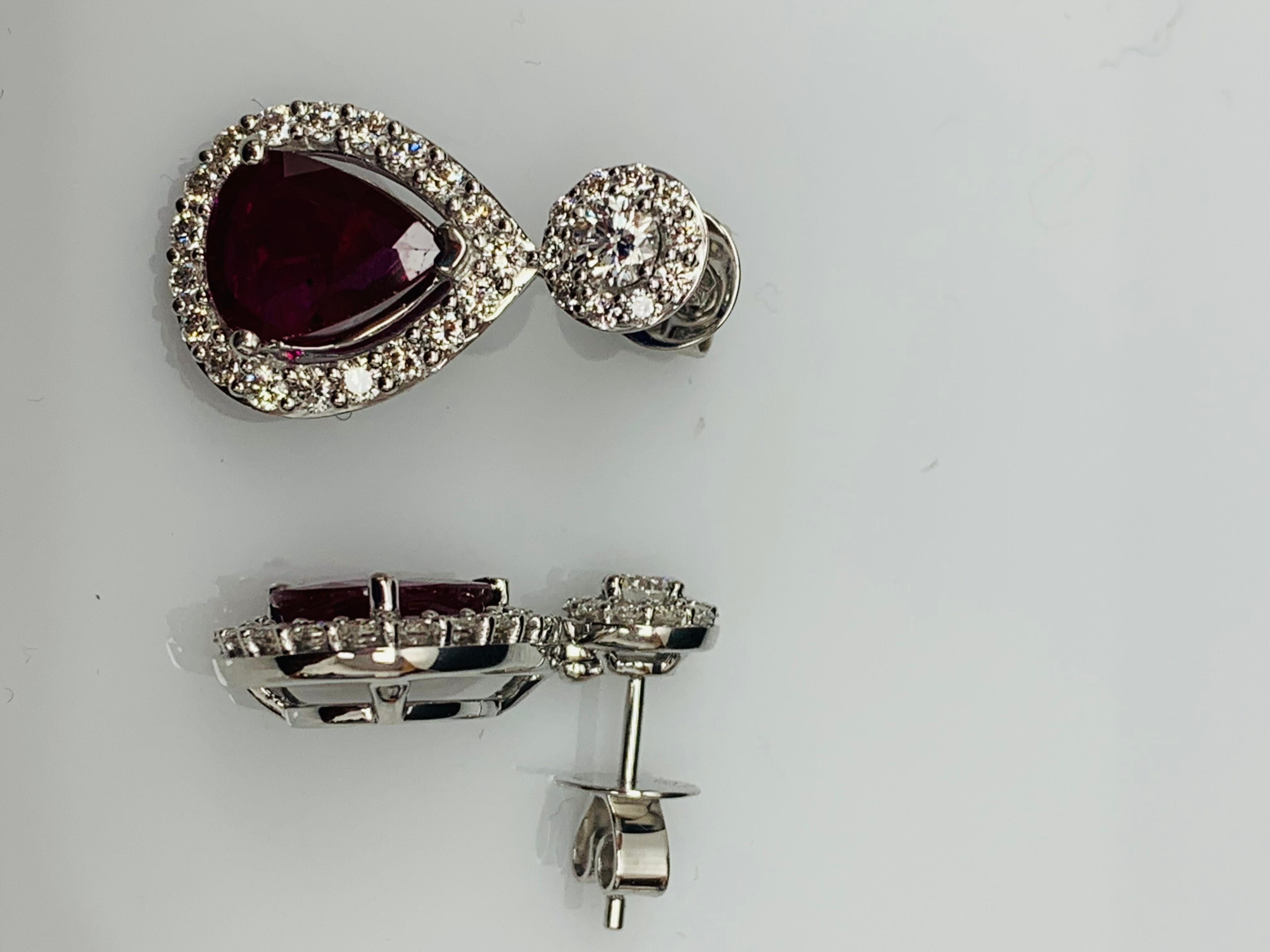 3.56 Carat of Pear Shape Ruby Diamond Drop Earrings in 18K White Gold In New Condition For Sale In NEW YORK, NY