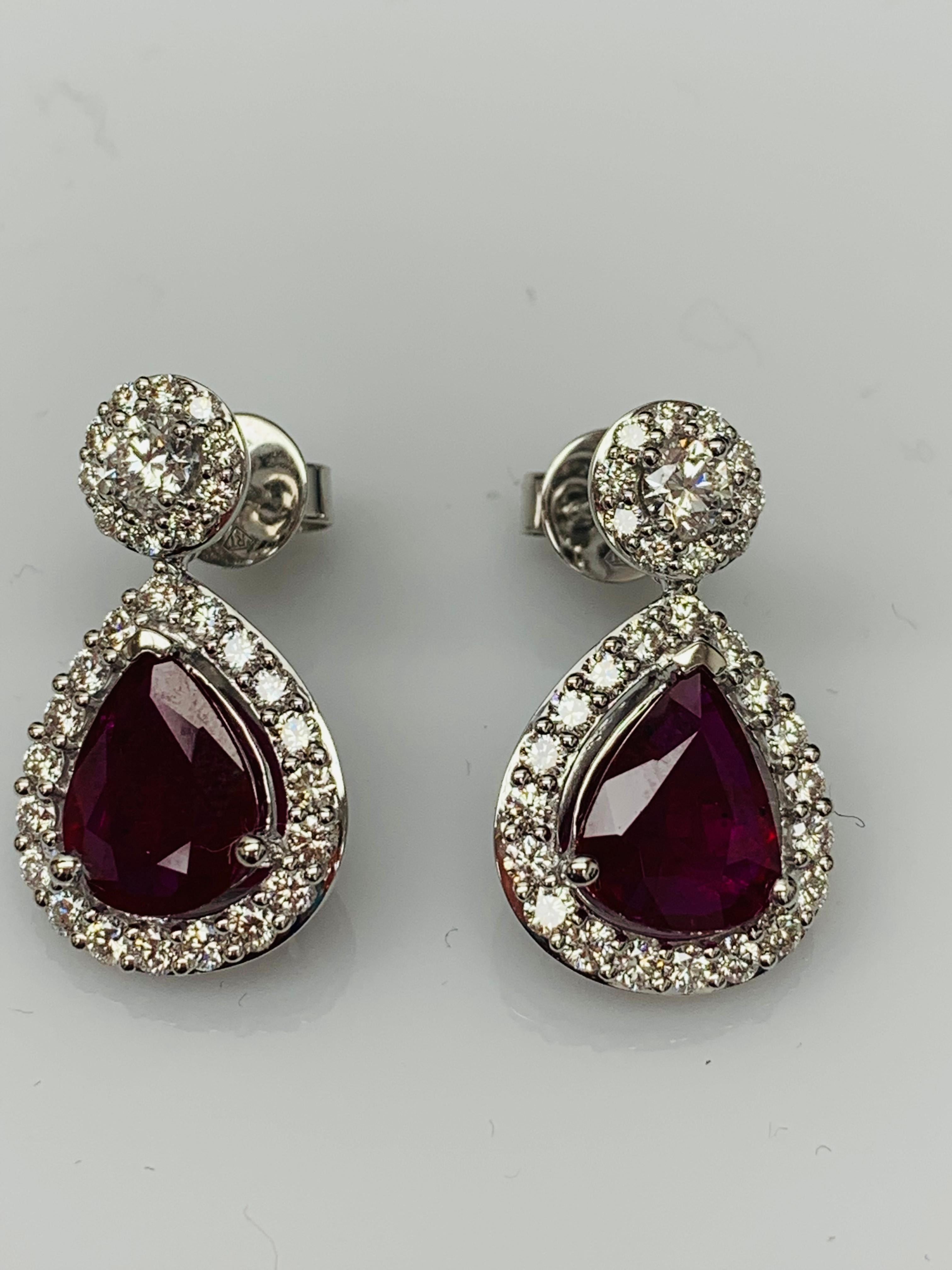 3.56 Carat of Pear Shape Ruby Diamond Drop Earrings in 18K White Gold For Sale 1