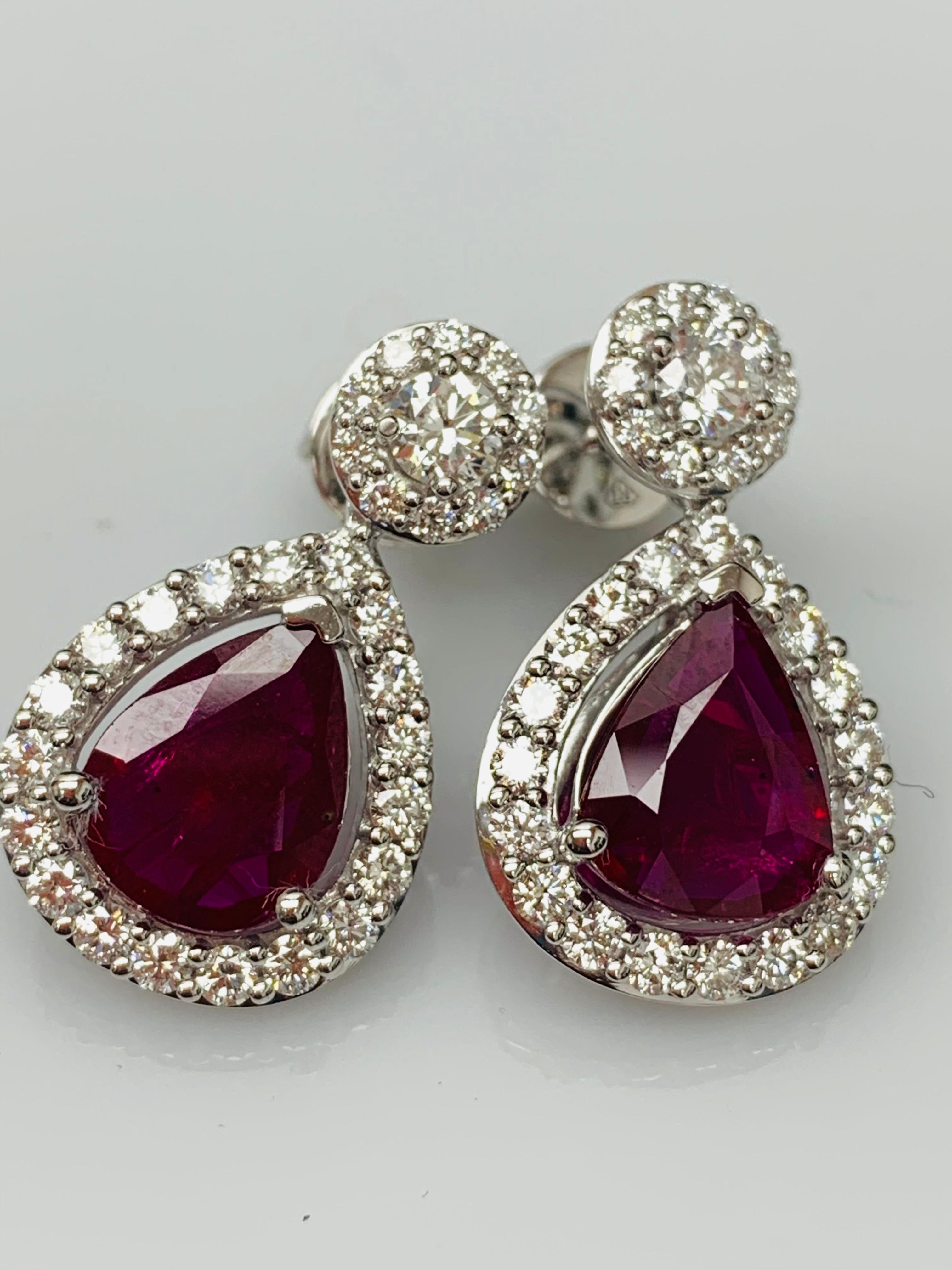 3.56 Carat of Pear Shape Ruby Diamond Drop Earrings in 18K White Gold For Sale 2