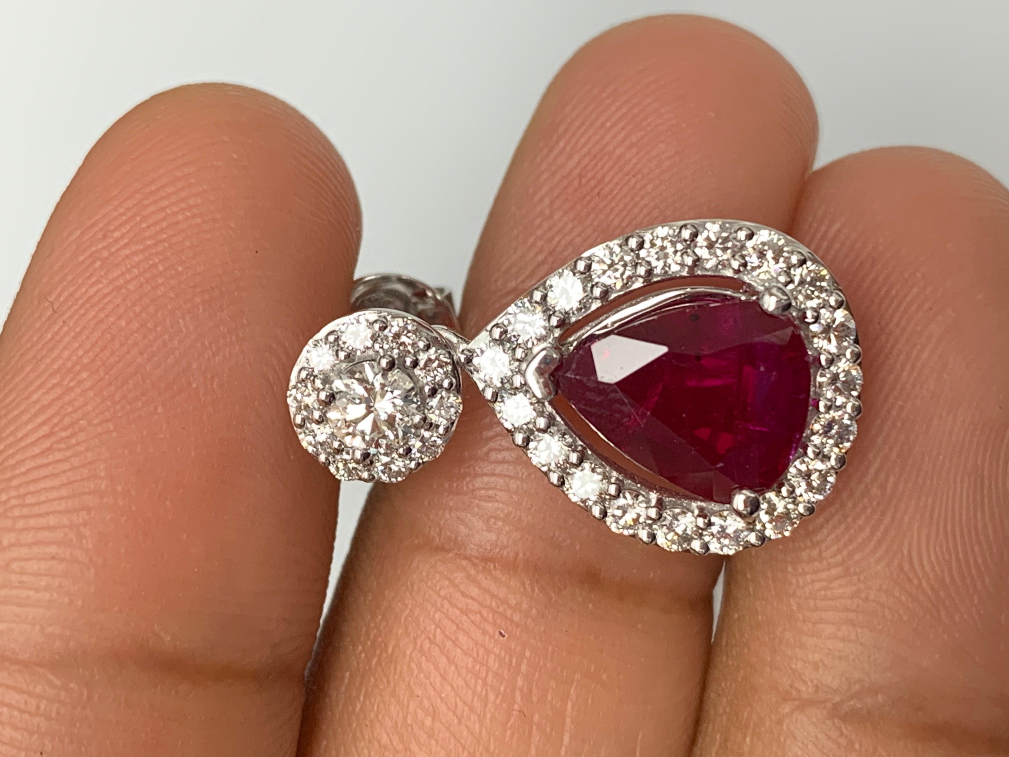3.56 Carat of Pear Shape Ruby Diamond Drop Earrings in 18K White Gold For Sale 3
