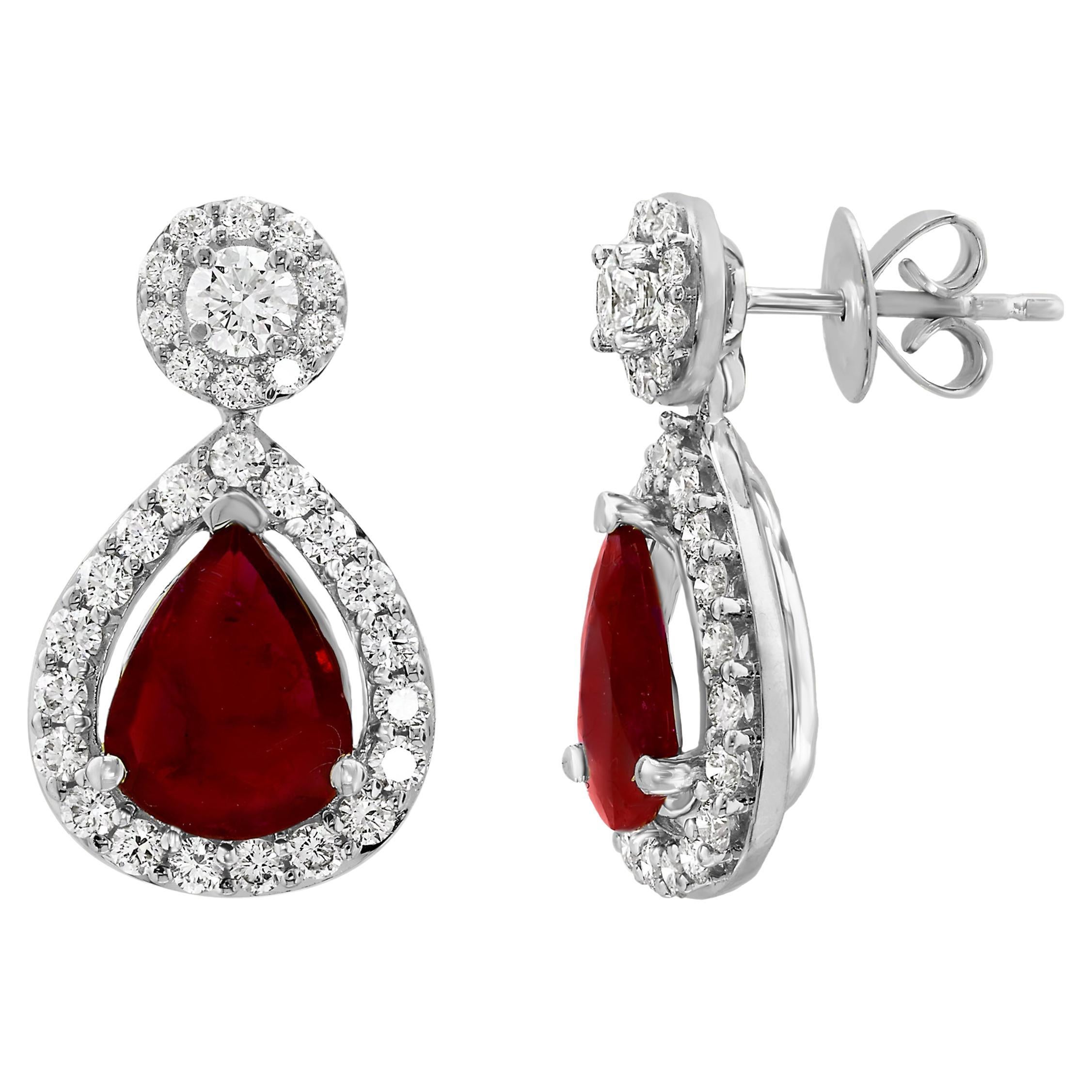 3.56 Carat of Pear Shape Ruby Diamond Drop Earrings in 18K White Gold For Sale