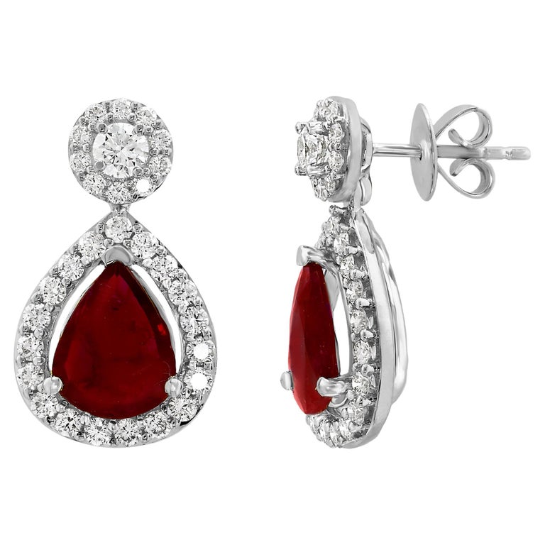 3.56 Carat of Pear Shape Ruby Diamond Drop Earrings in 18K White Gold ...