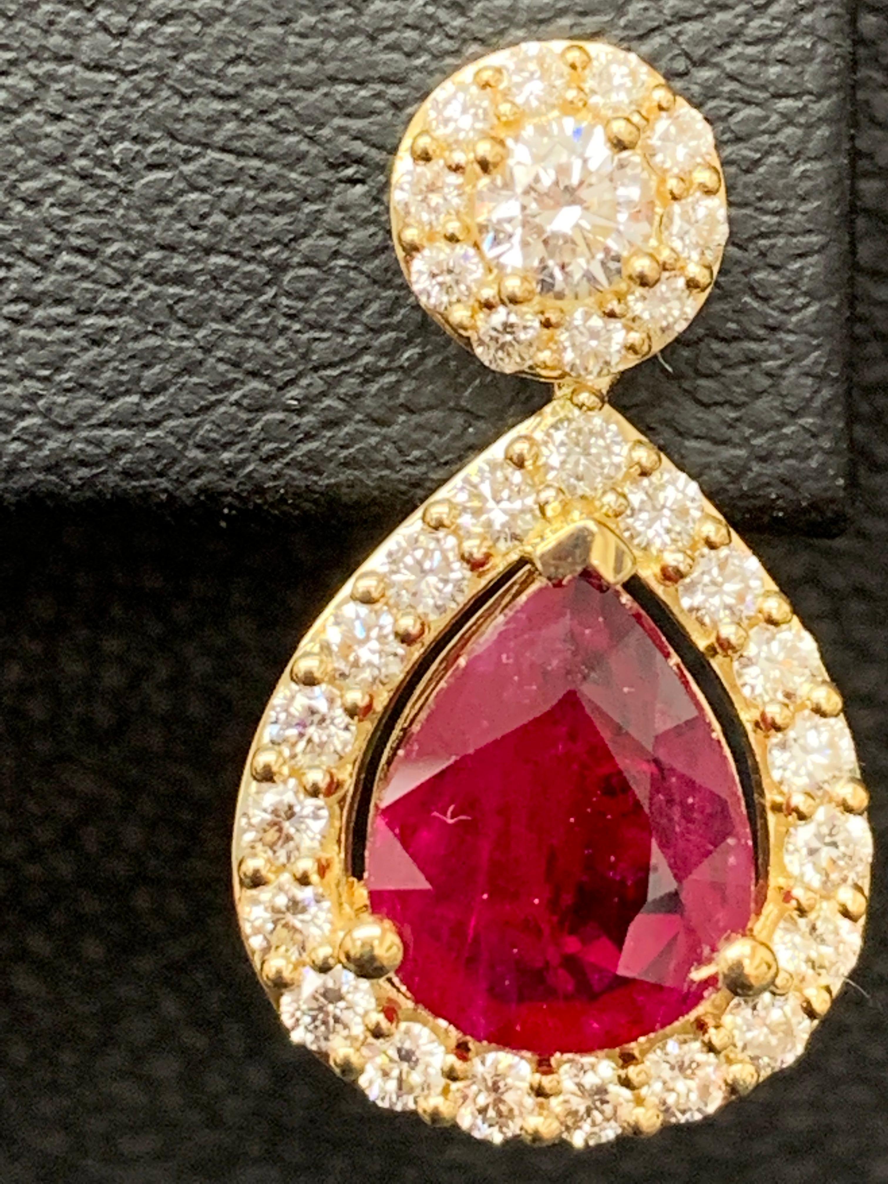 3.56 Carat of Pear Shape Ruby Diamond Drop Earrings in 18K Yellow Gold For Sale 4