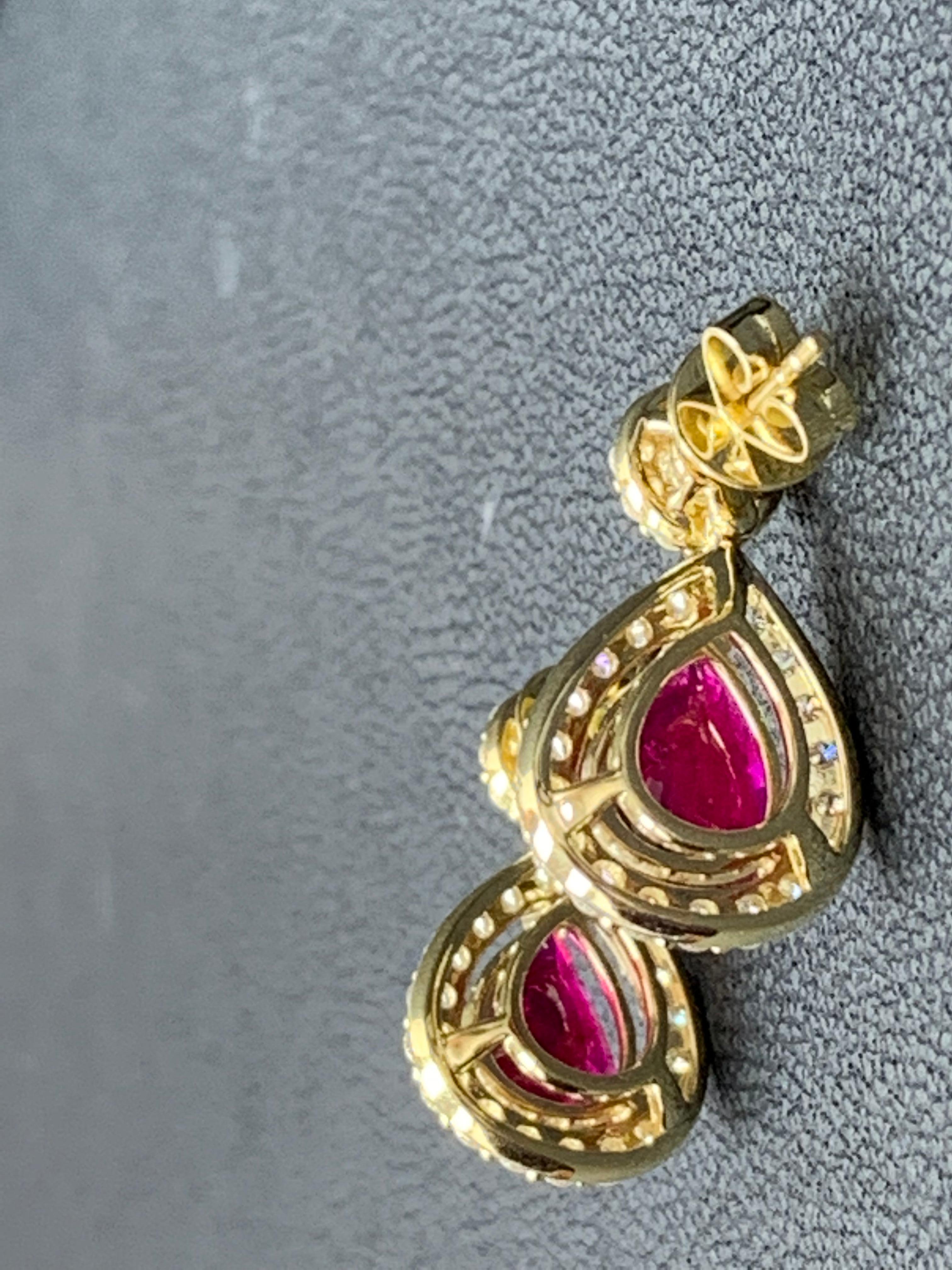 3.56 Carat of Pear Shape Ruby Diamond Drop Earrings in 18K Yellow Gold For Sale 8