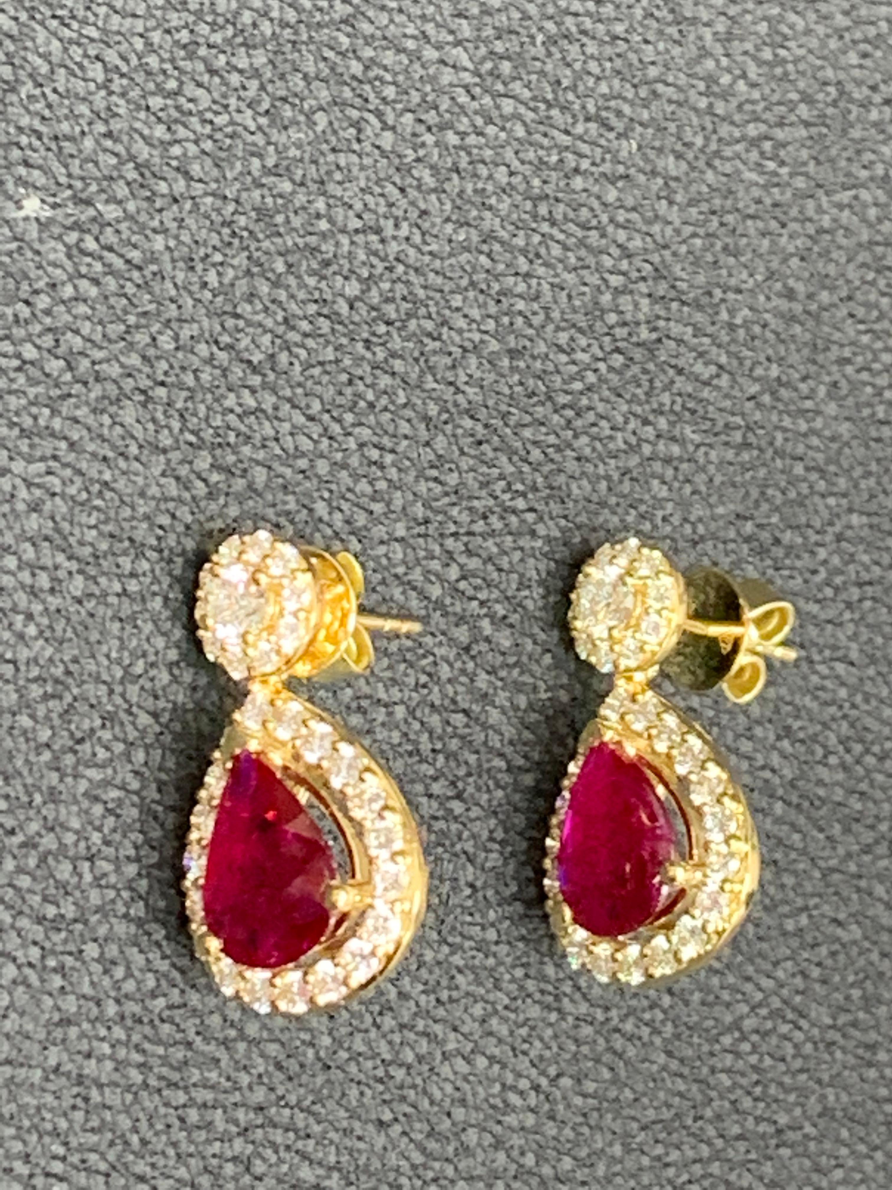 3.56 Carat of Pear Shape Ruby Diamond Drop Earrings in 18K Yellow Gold For Sale 9