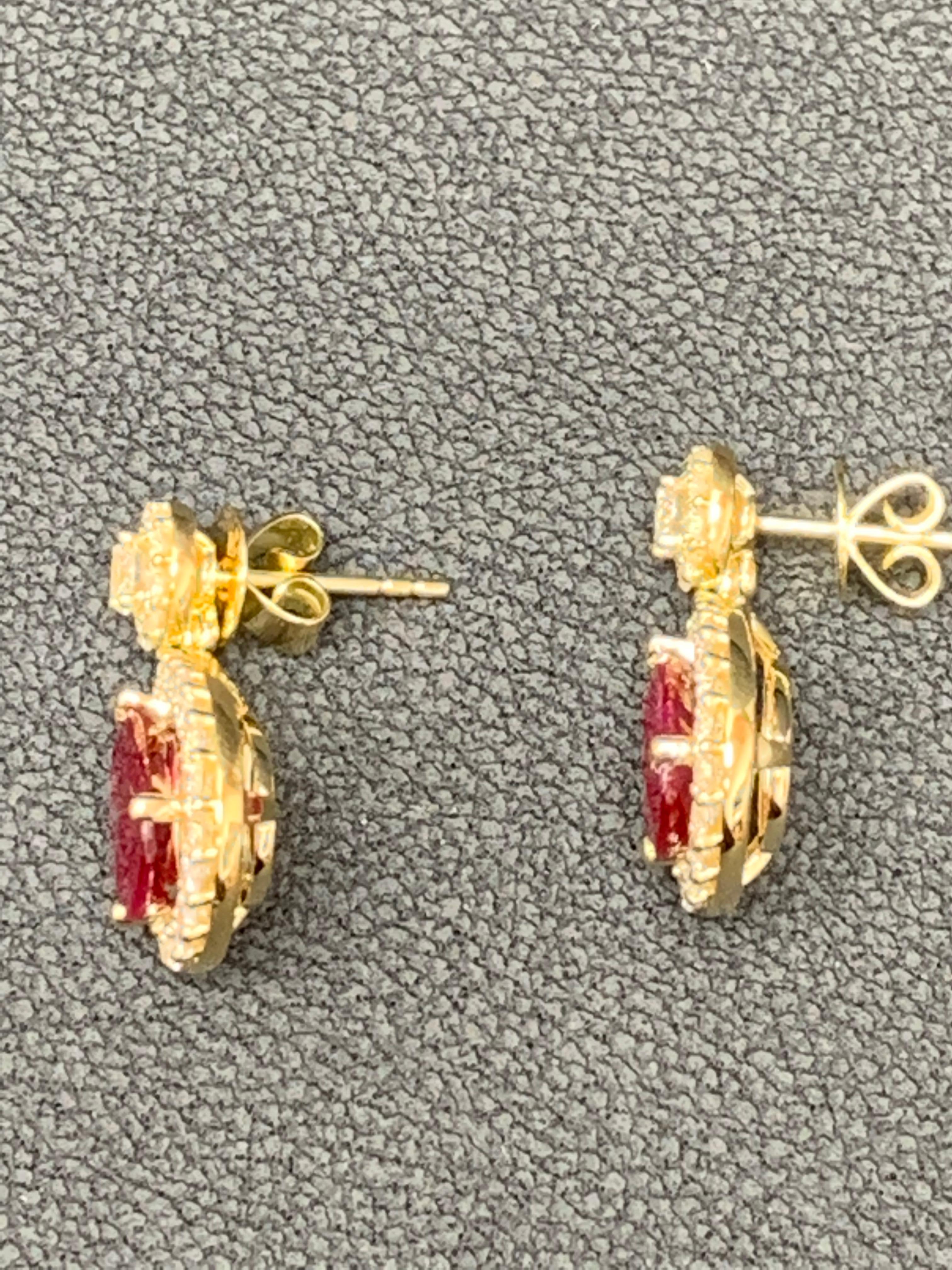 3.56 Carat of Pear Shape Ruby Diamond Drop Earrings in 18K Yellow Gold For Sale 10