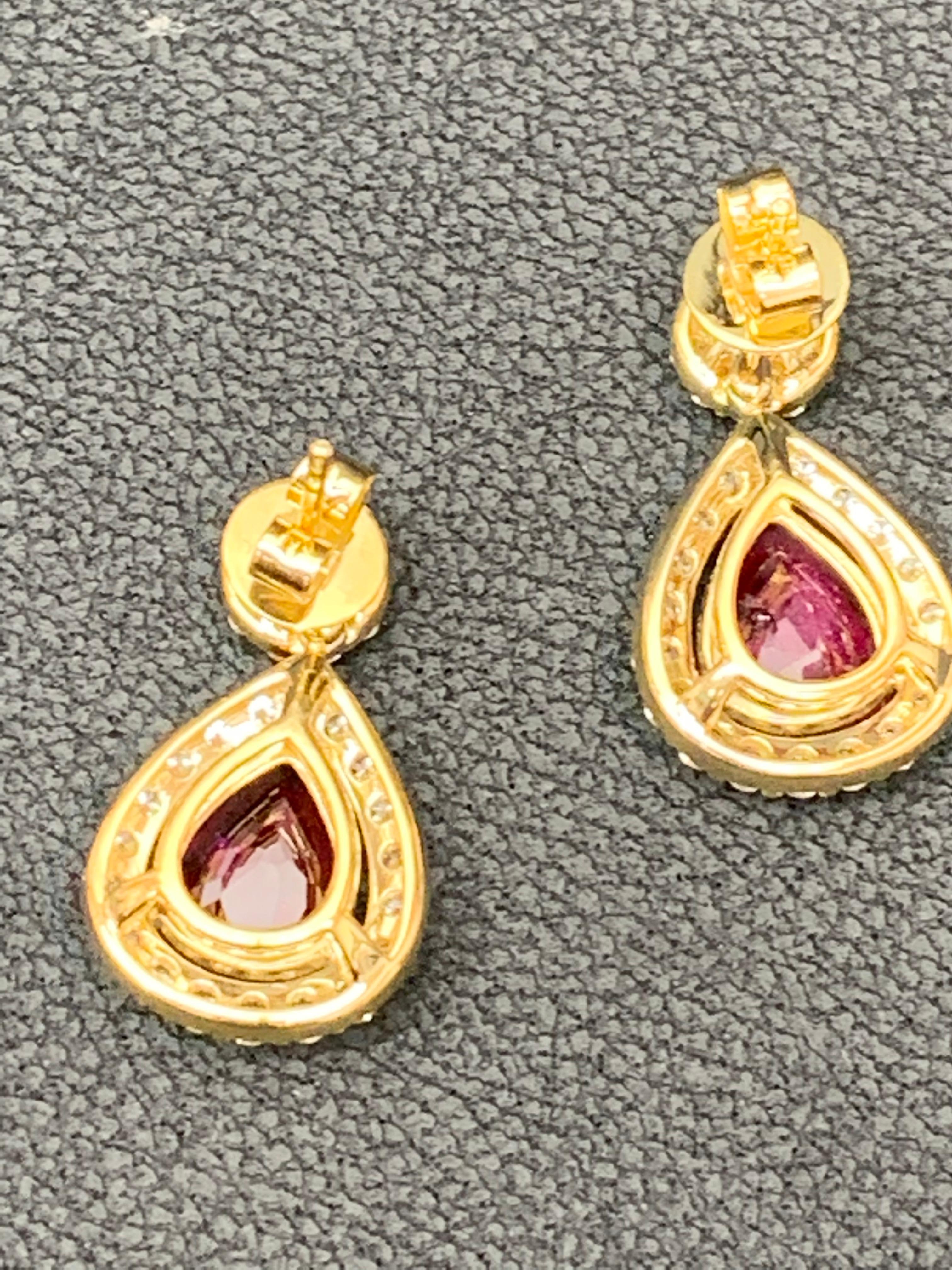 3.56 Carat of Pear Shape Ruby Diamond Drop Earrings in 18K Yellow Gold For Sale 11