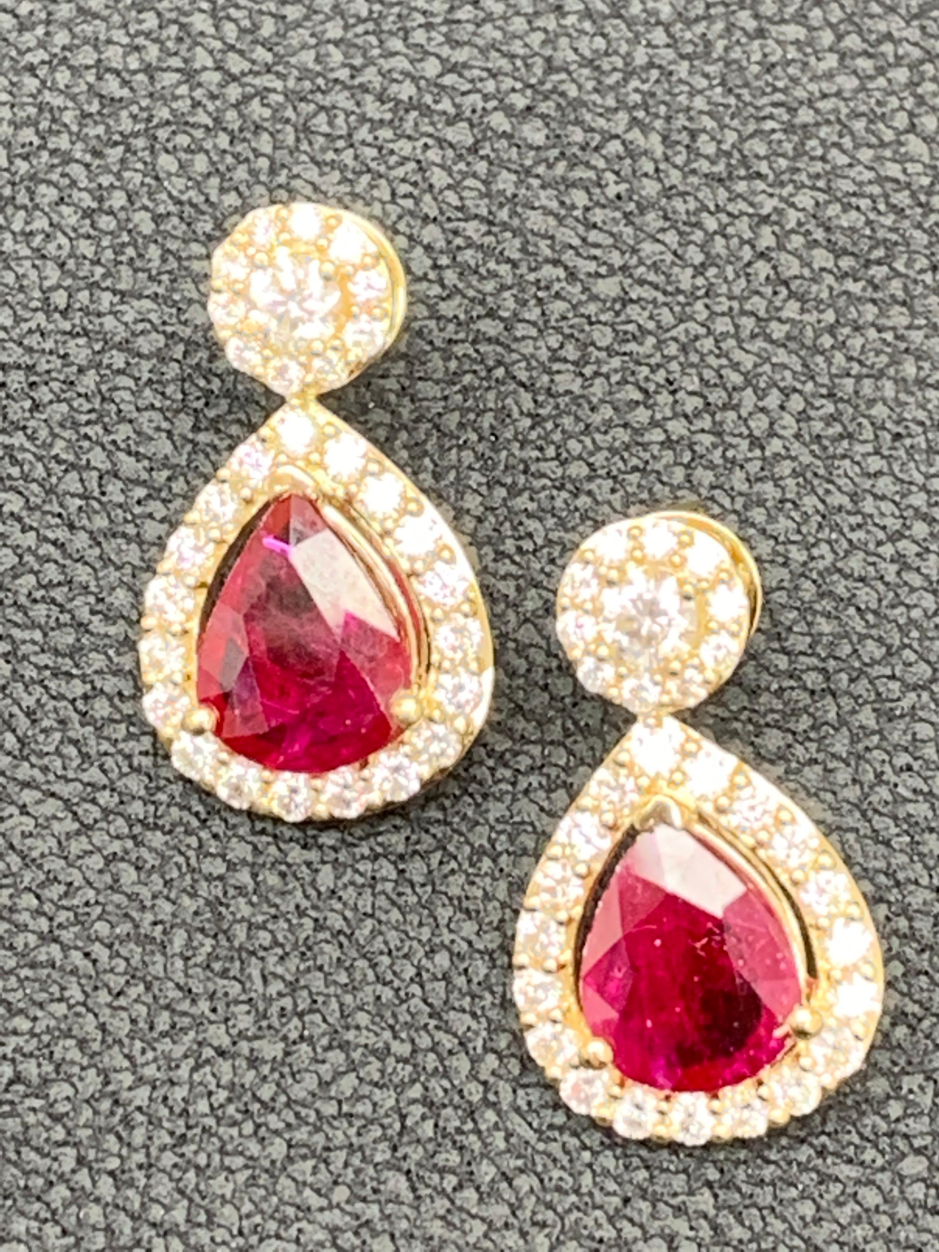 3.56 Carat of Pear Shape Ruby Diamond Drop Earrings in 18K Yellow Gold For Sale 12