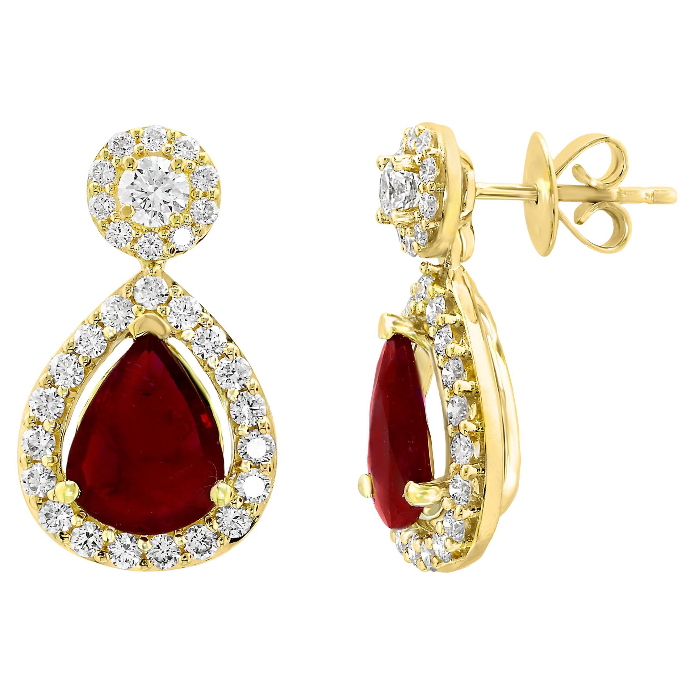 3.56 Carat of Pear Shape Ruby Diamond Drop Earrings in 18K Yellow Gold For Sale