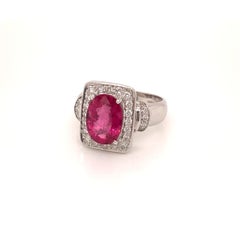 3.56 Carat Oval Cut Rubellite Tourmaline and Diamond Ring in 18K White Gold