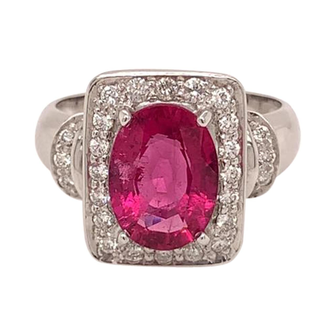 3.56 Carat Oval Cut Rubellite Tourmaline and Diamond Ring in 18K White Gold For Sale