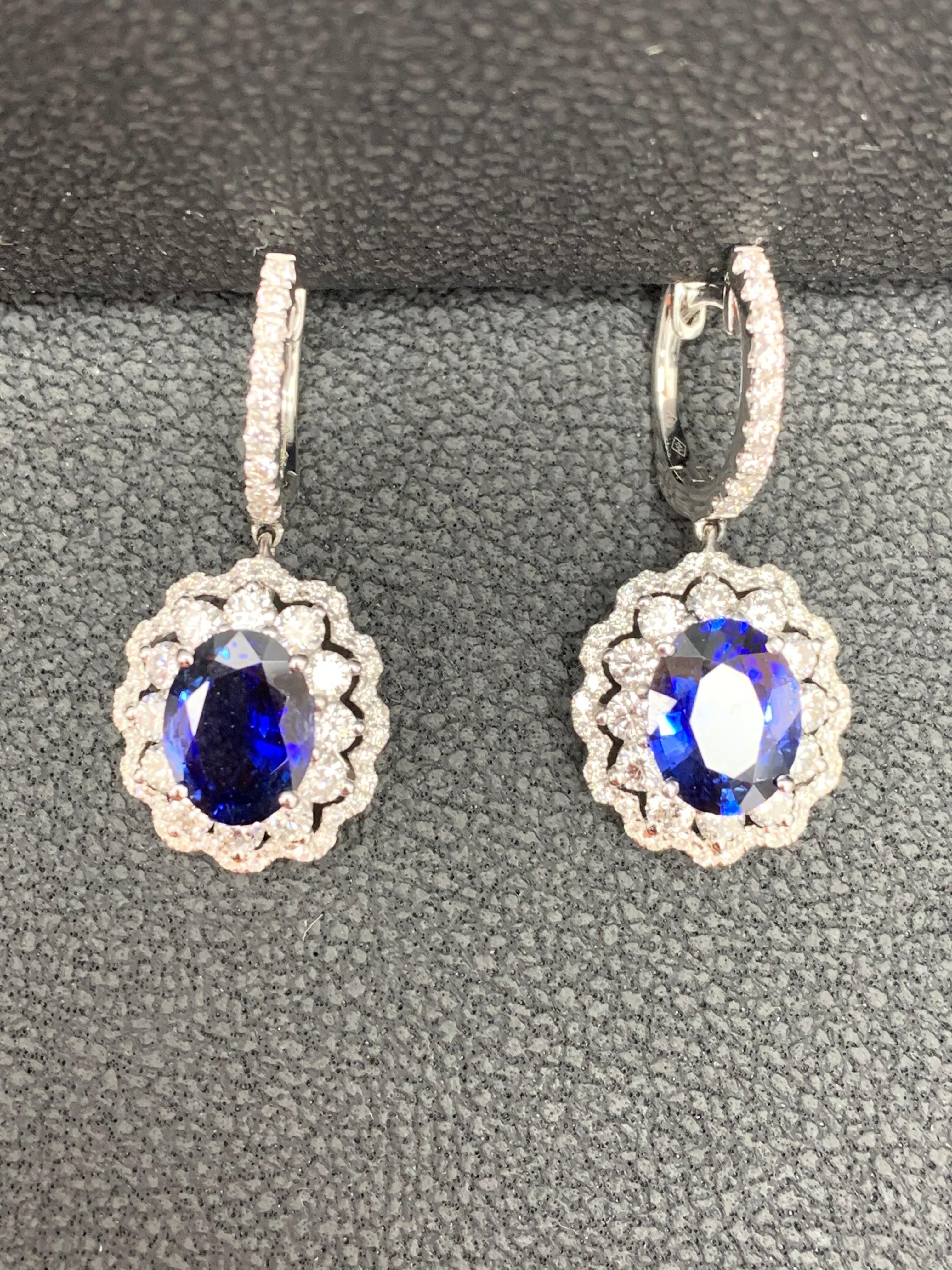3.56 Carat Oval Cut Sapphire and Diamond Drop Earrings in 18K White Gold For Sale 5