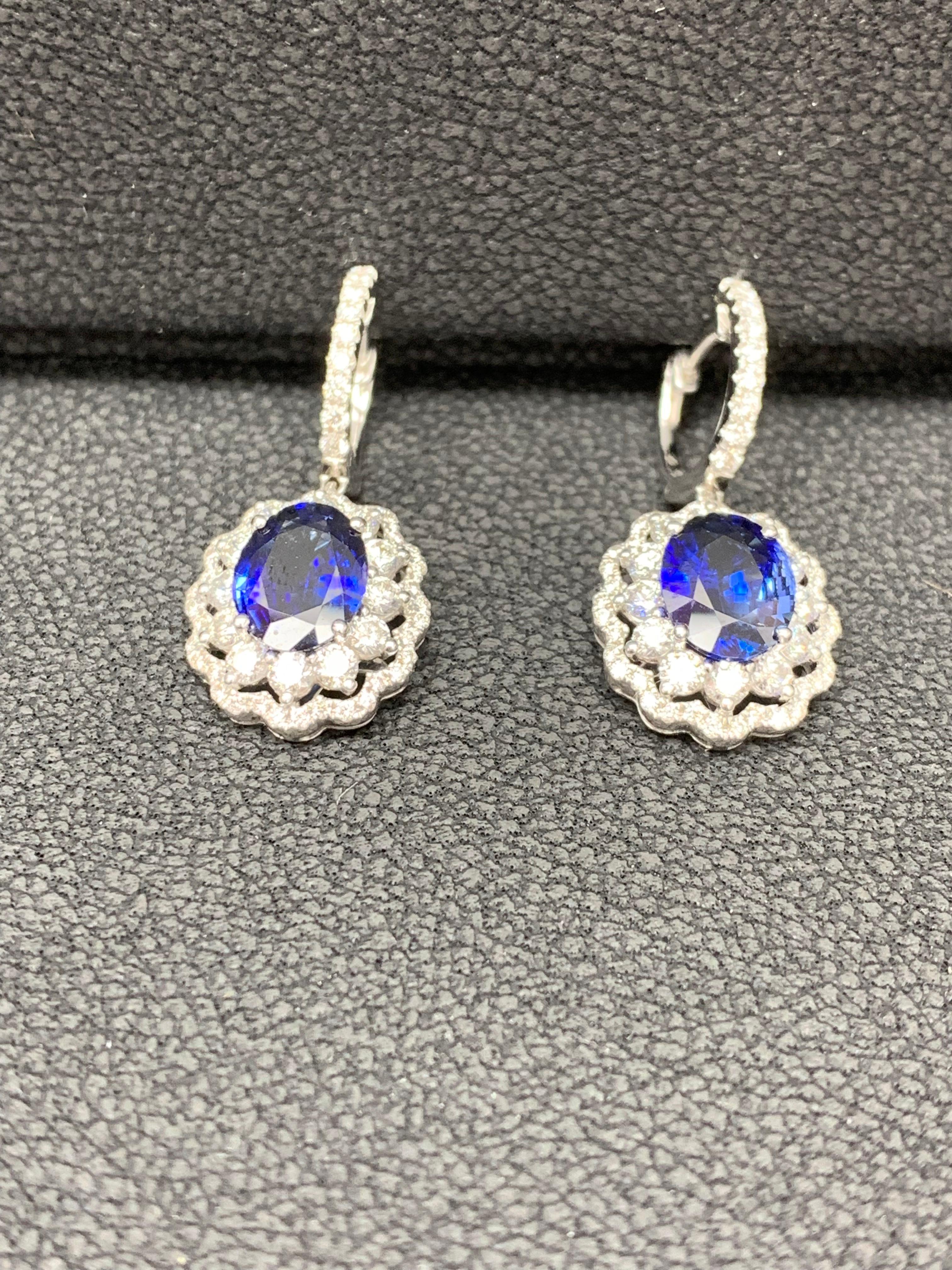 3.56 Carat Oval Cut Sapphire and Diamond Drop Earrings in 18K White Gold For Sale 6