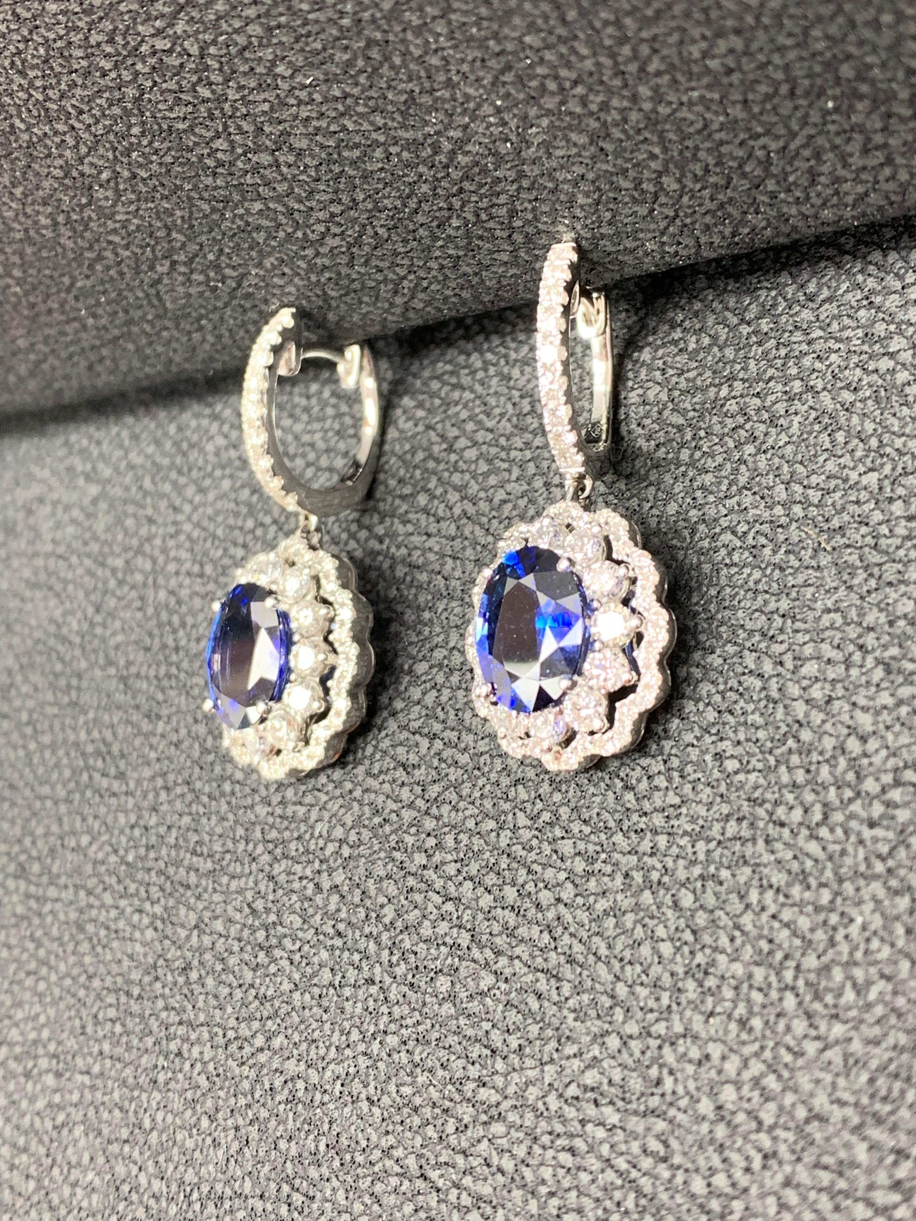 3.56 Carat Oval Cut Sapphire and Diamond Drop Earrings in 18K White Gold For Sale 7
