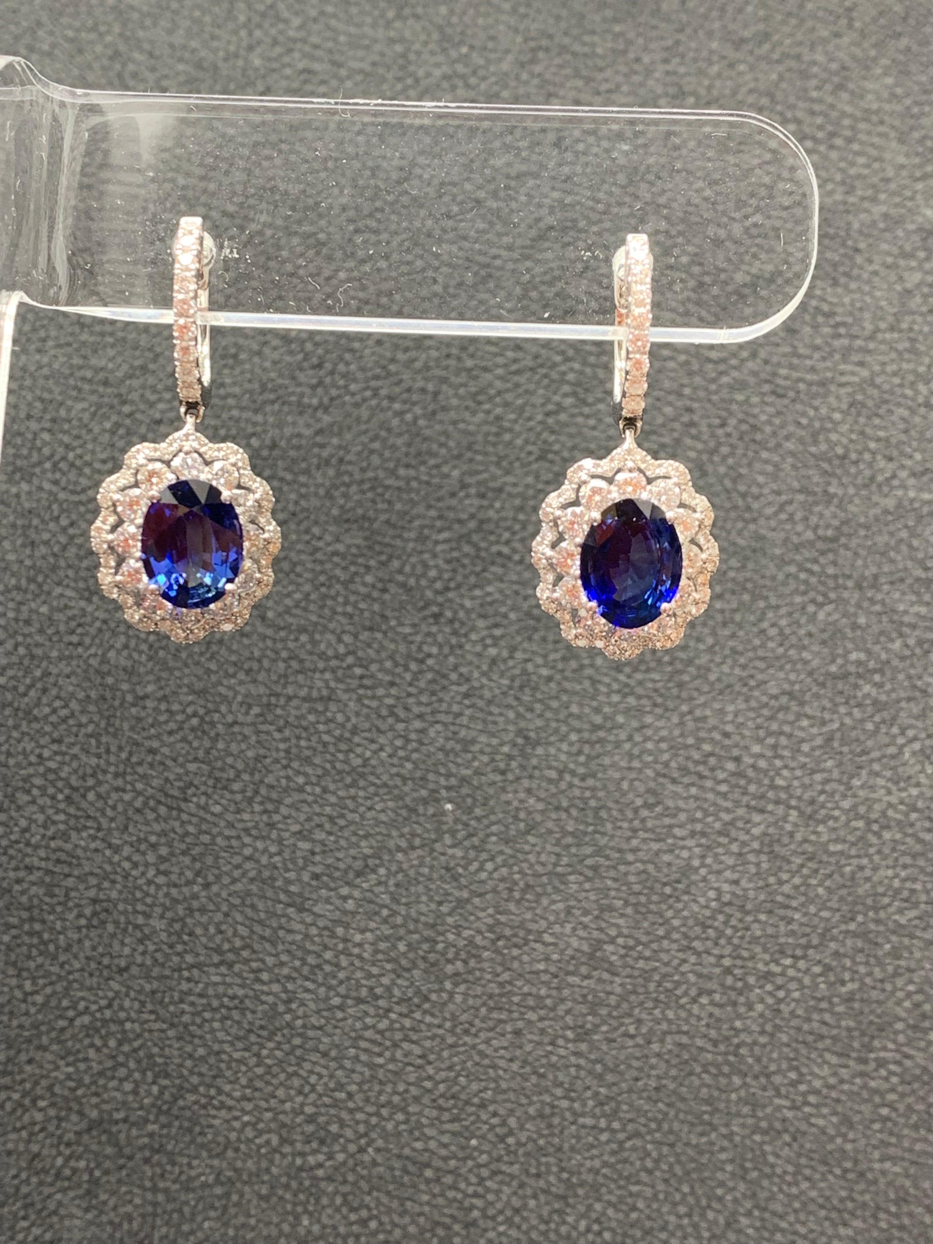 Modern 3.56 Carat Oval Cut Sapphire and Diamond Drop Earrings in 18K White Gold For Sale