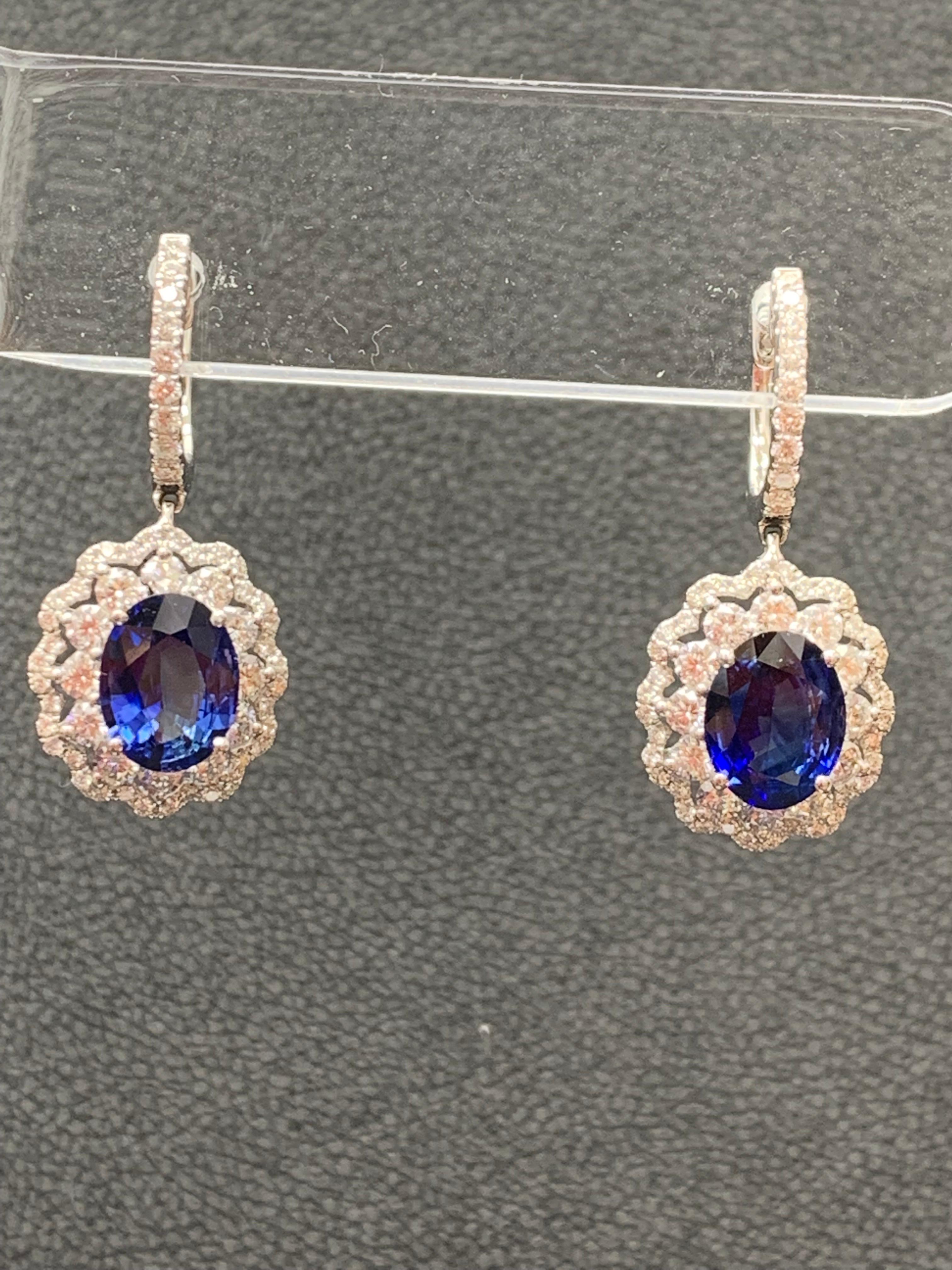 3.56 Carat Oval Cut Sapphire and Diamond Drop Earrings in 18K White Gold In New Condition For Sale In NEW YORK, NY