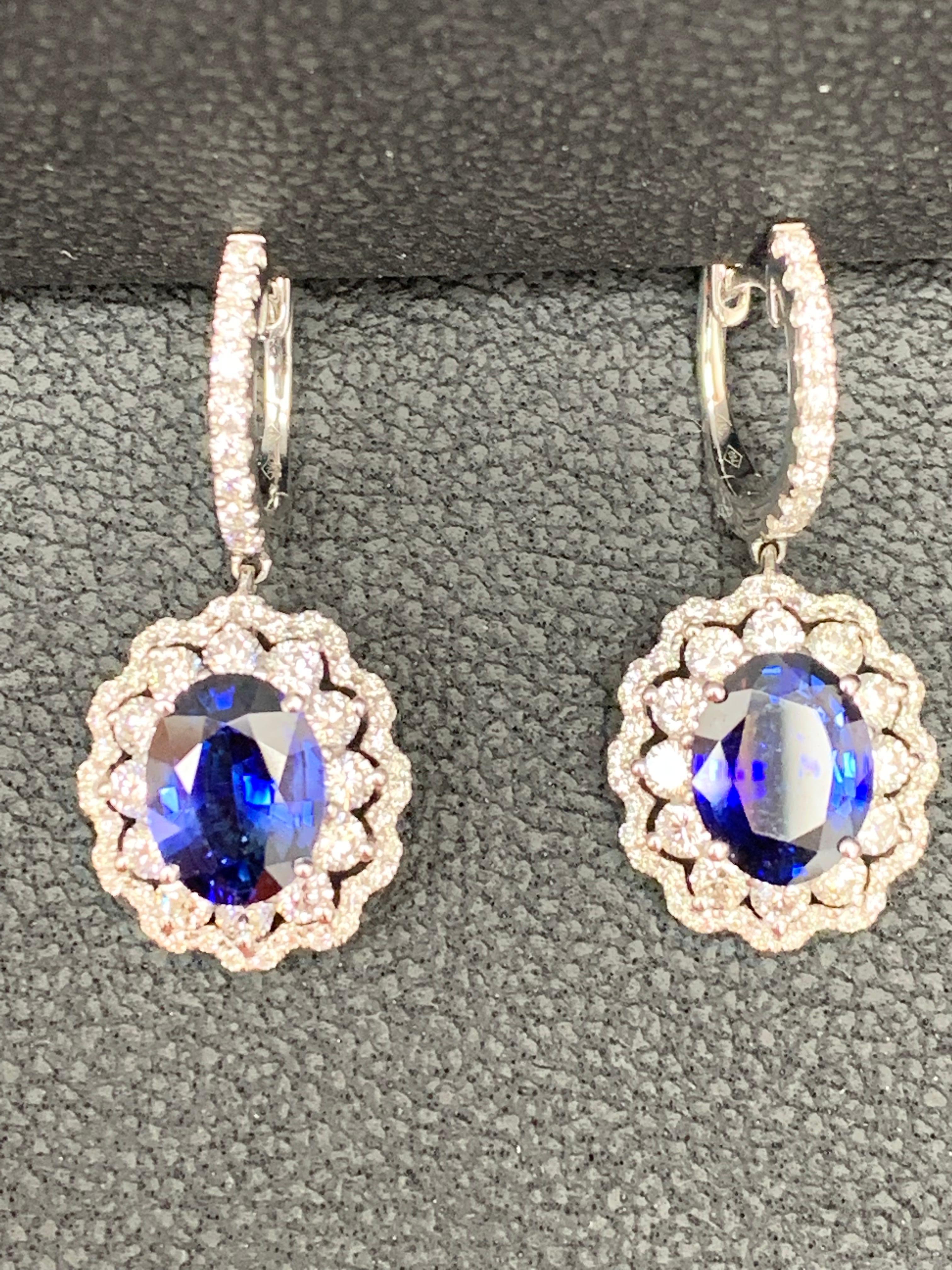 Women's 3.56 Carat Oval Cut Sapphire and Diamond Drop Earrings in 18K White Gold For Sale