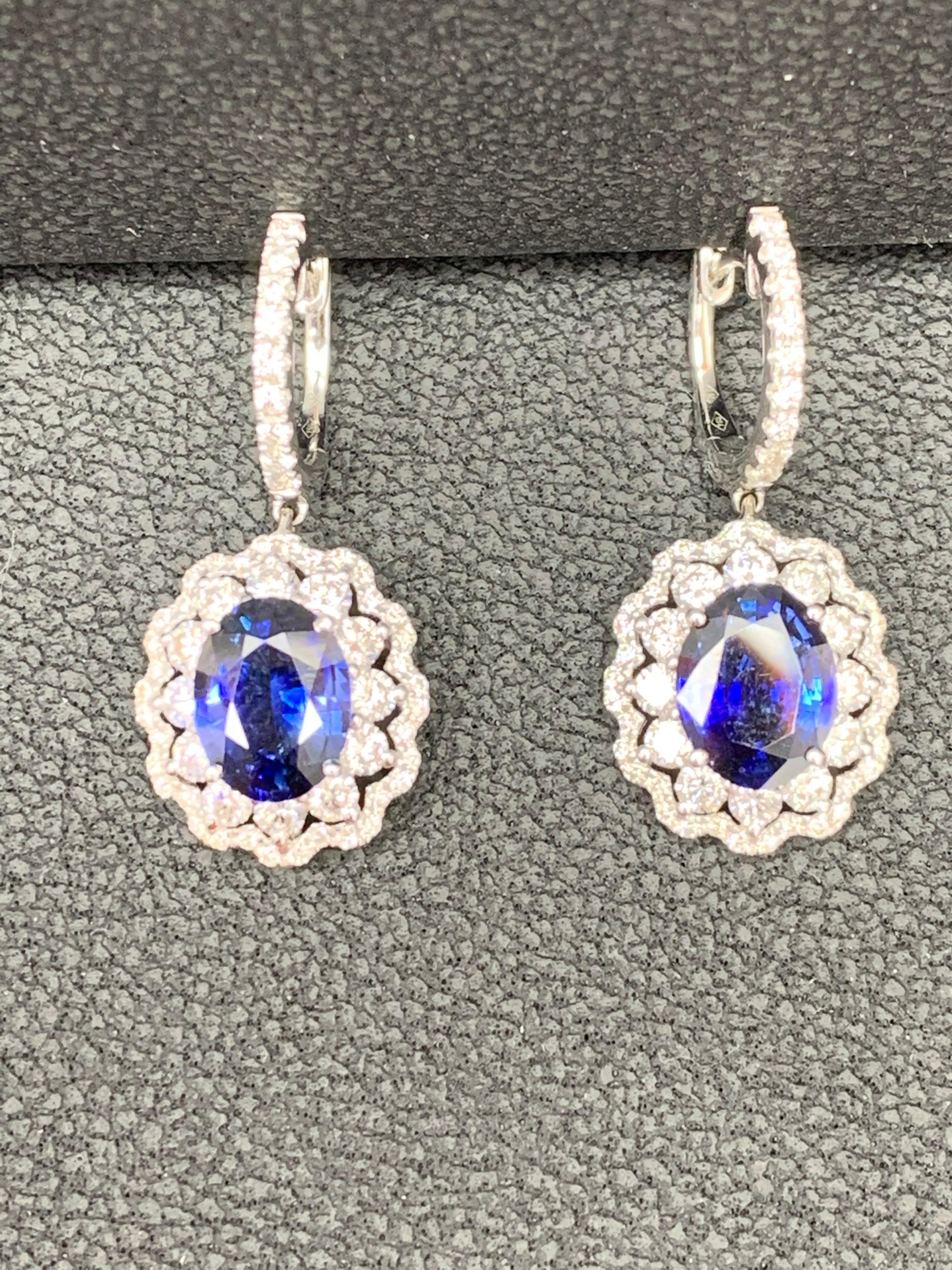 3.56 Carat Oval Cut Sapphire and Diamond Drop Earrings in 18K White Gold For Sale 1