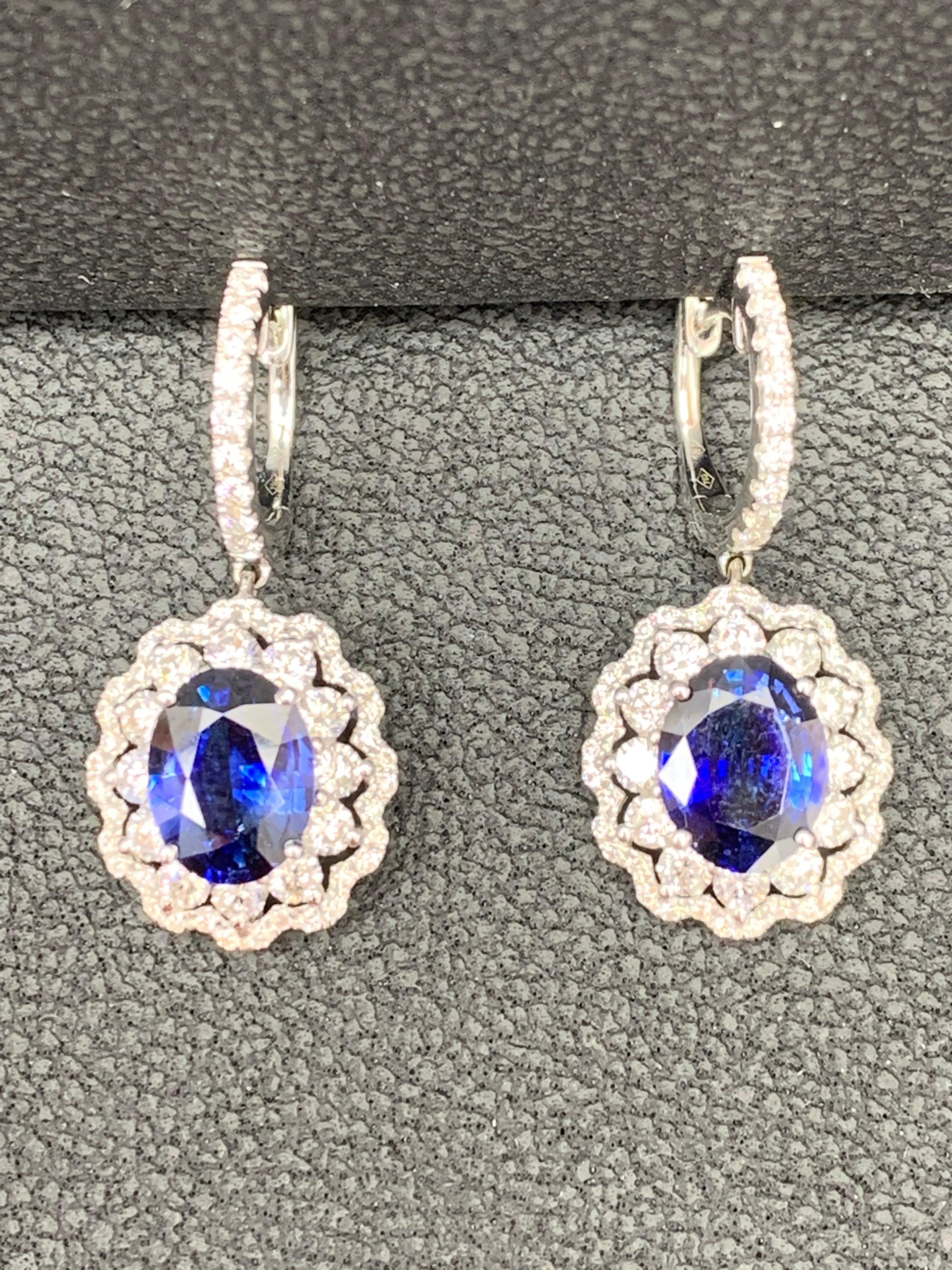 3.56 Carat Oval Cut Sapphire and Diamond Drop Earrings in 18K White Gold For Sale 2