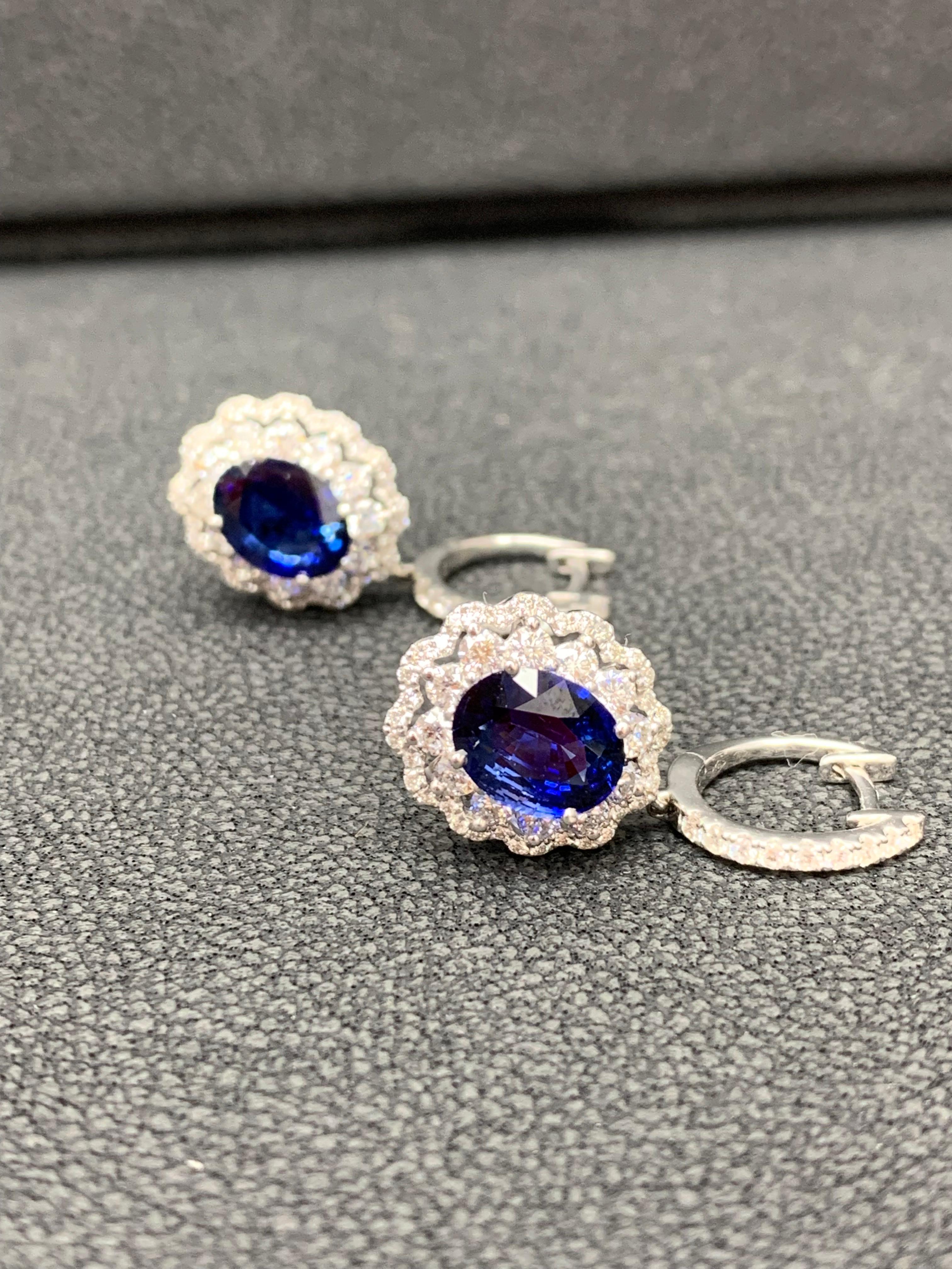 3.56 Carat Oval Cut Sapphire and Diamond Drop Earrings in 18K White Gold For Sale 4