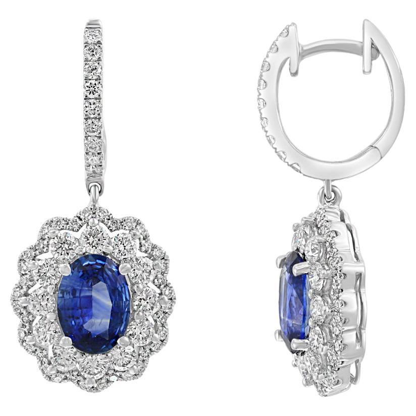 3.56 Carat Oval Cut Sapphire and Diamond Drop Earrings in 18K White Gold For Sale