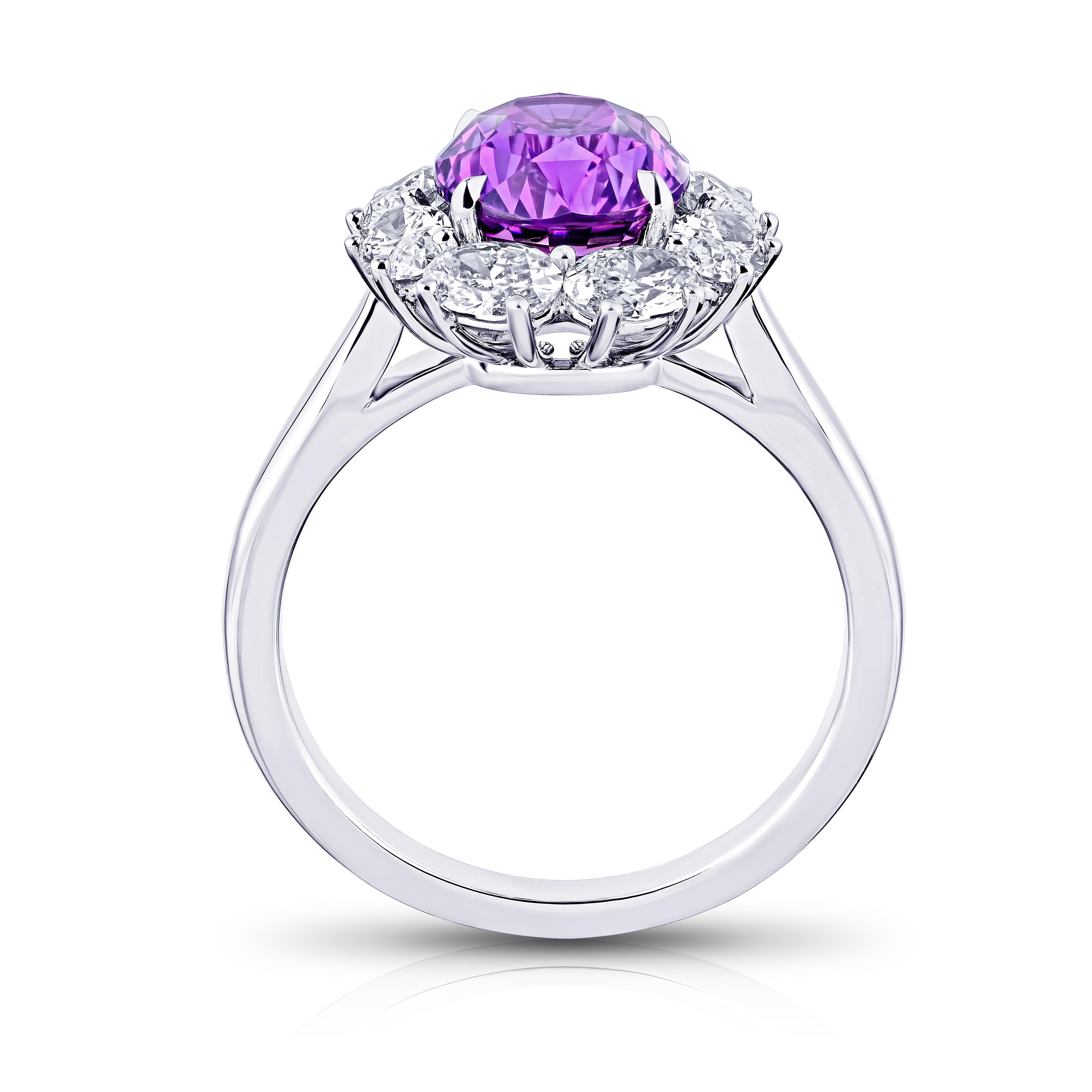 Contemporary 3.56 Carat Oval Purple Sapphire and Diamond Platinum Ring For Sale