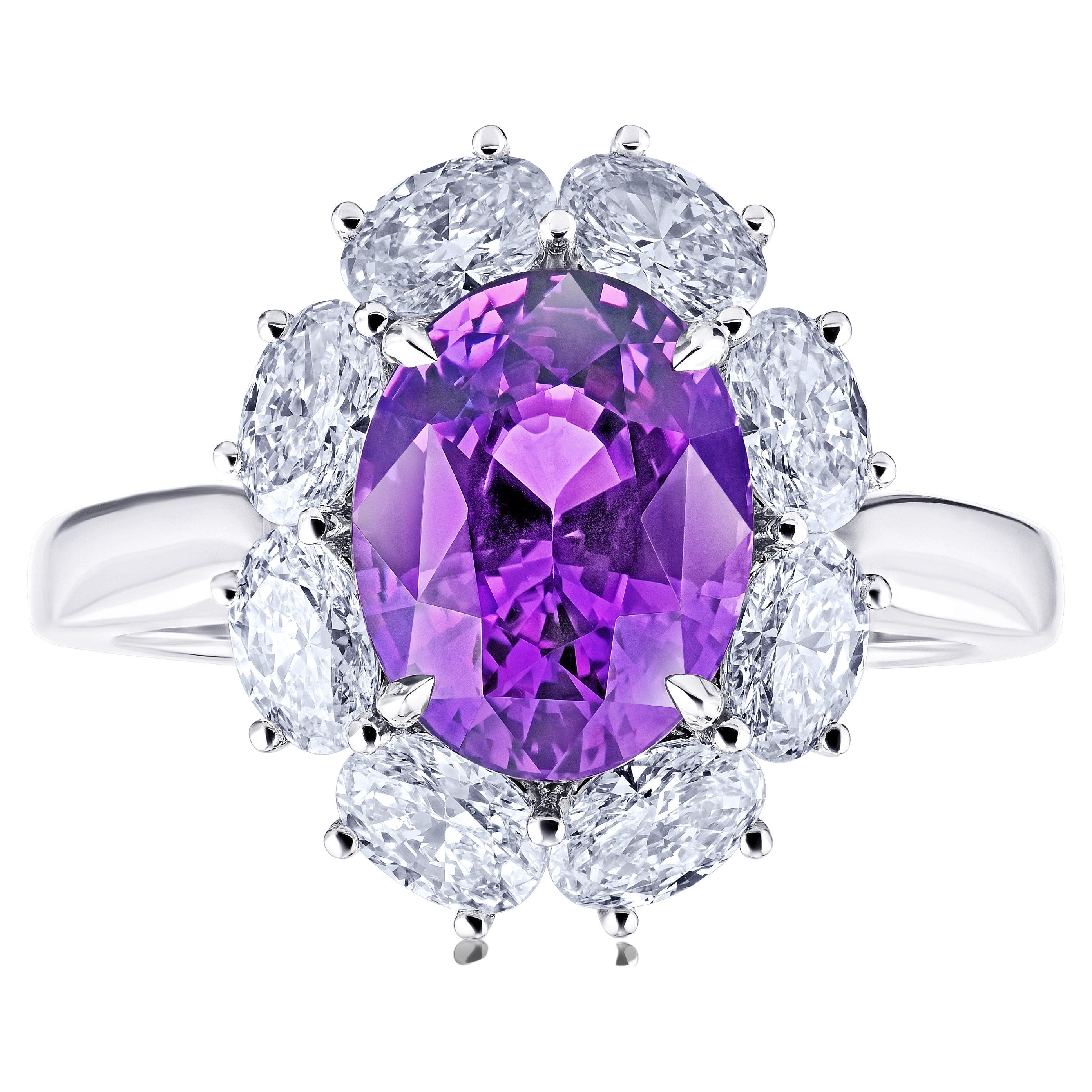 3.56 Carat Oval Purple Sapphire and Diamond Platinum Ring For Sale