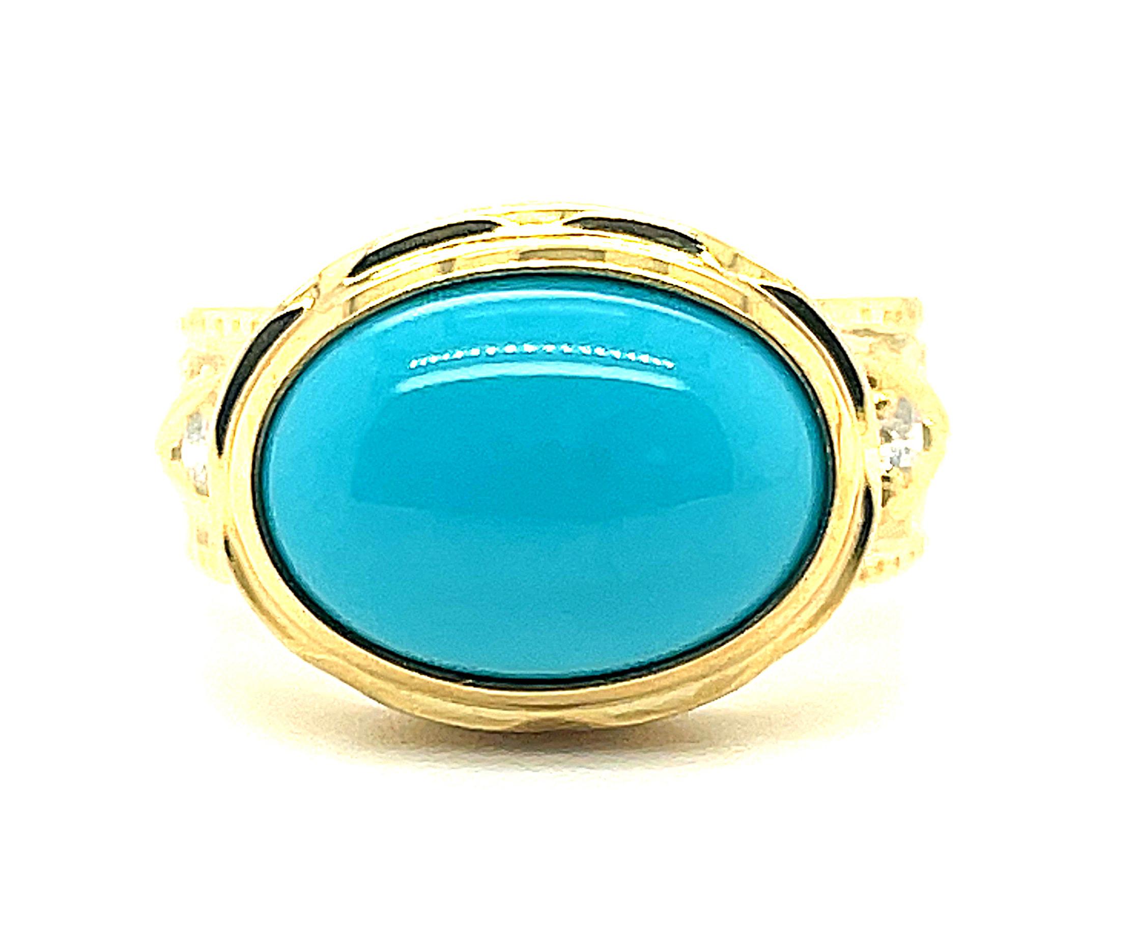 This handsome 18k yellow gold band ring features a gorgeous 3.56 carat oval turquoise cabochon from the famous Sleeping Beauty Mine! The Sleeping Beauty Mine in Arizona is one of the most important sources of fine turquoise in the world but has been