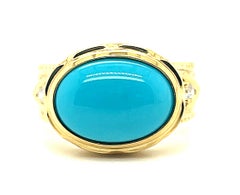 3.56 Carat Oval Sleeping Beauty Turquoise and Diamond Yellow Gold Band Ring