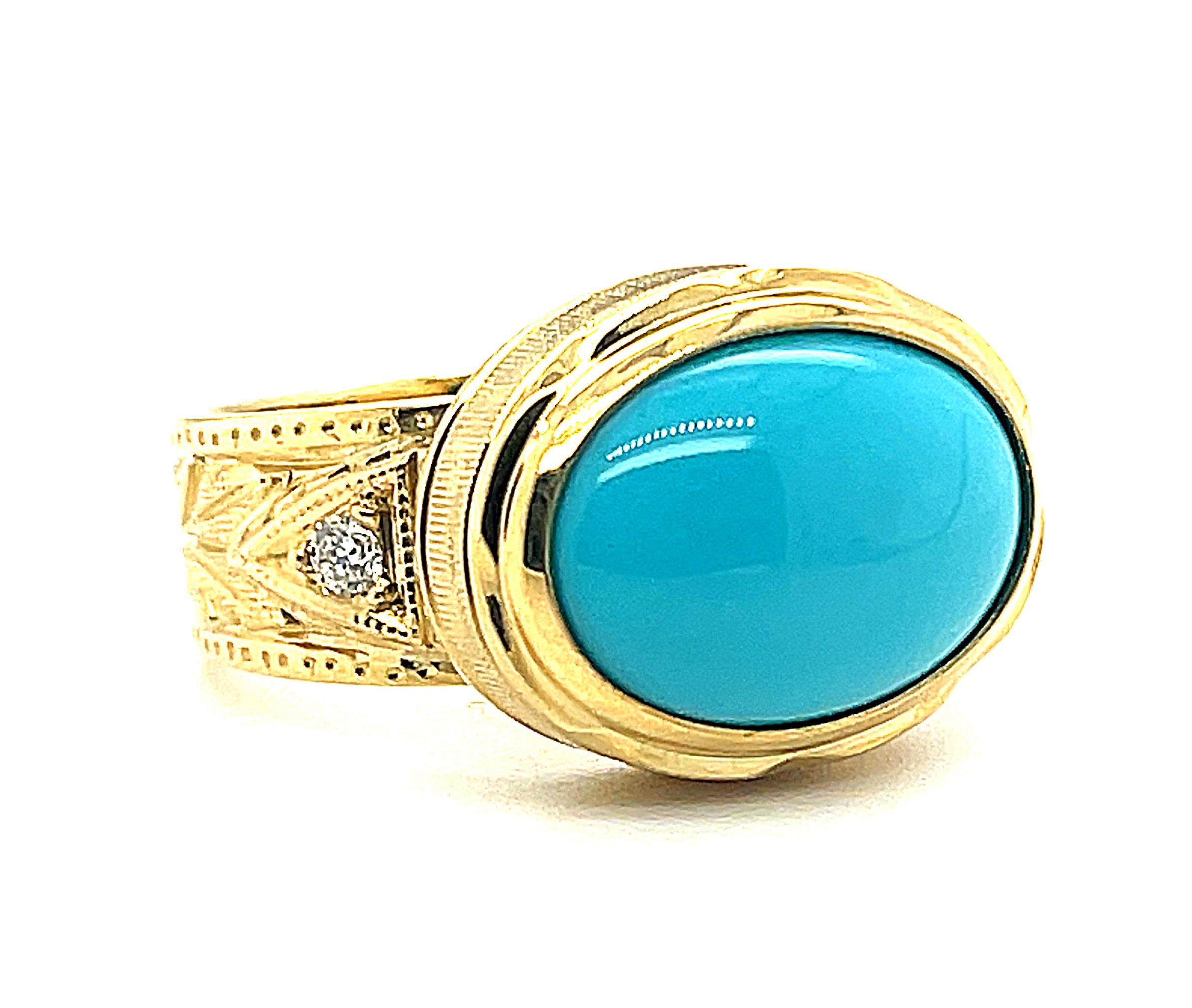 Artisan 3.56 Carat Oval Sleeping Beauty Turquoise and Diamond Yellow Gold Band Ring