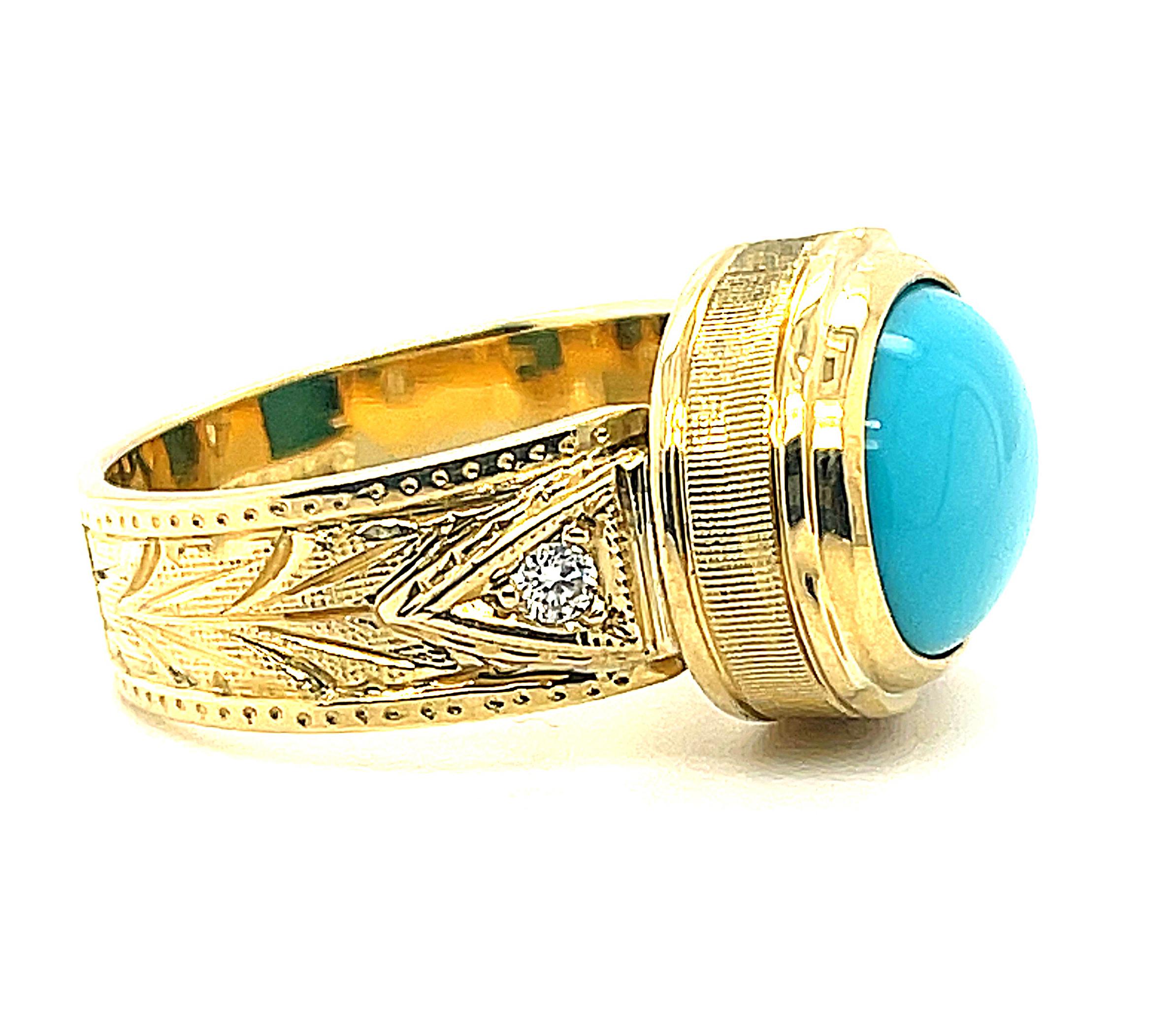 Cabochon 3.56 Carat Oval Sleeping Beauty Turquoise and Diamond Yellow Gold Band Ring