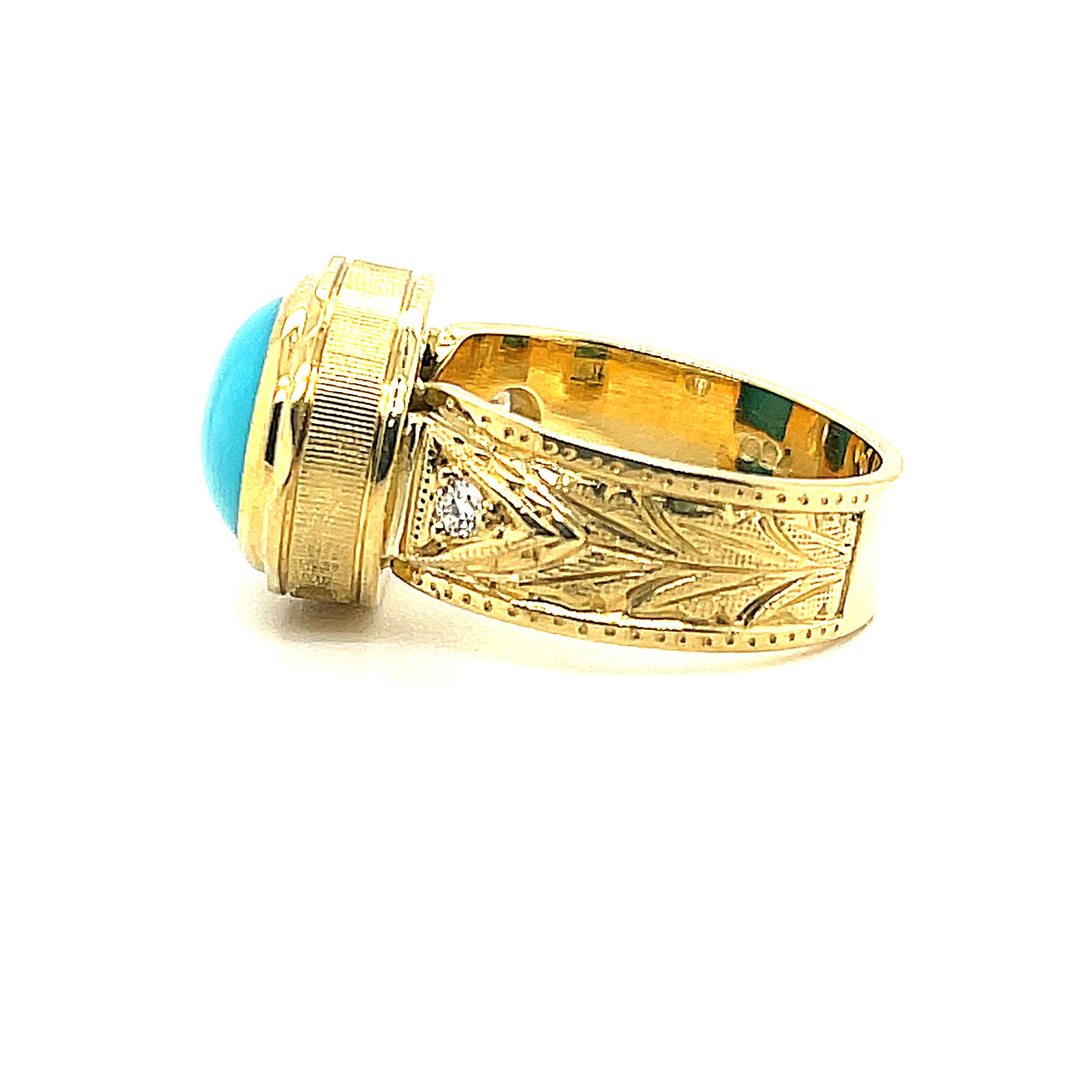 3.56 Carat Oval Sleeping Beauty Turquoise and Diamond Yellow Gold Band Ring In New Condition In Los Angeles, CA
