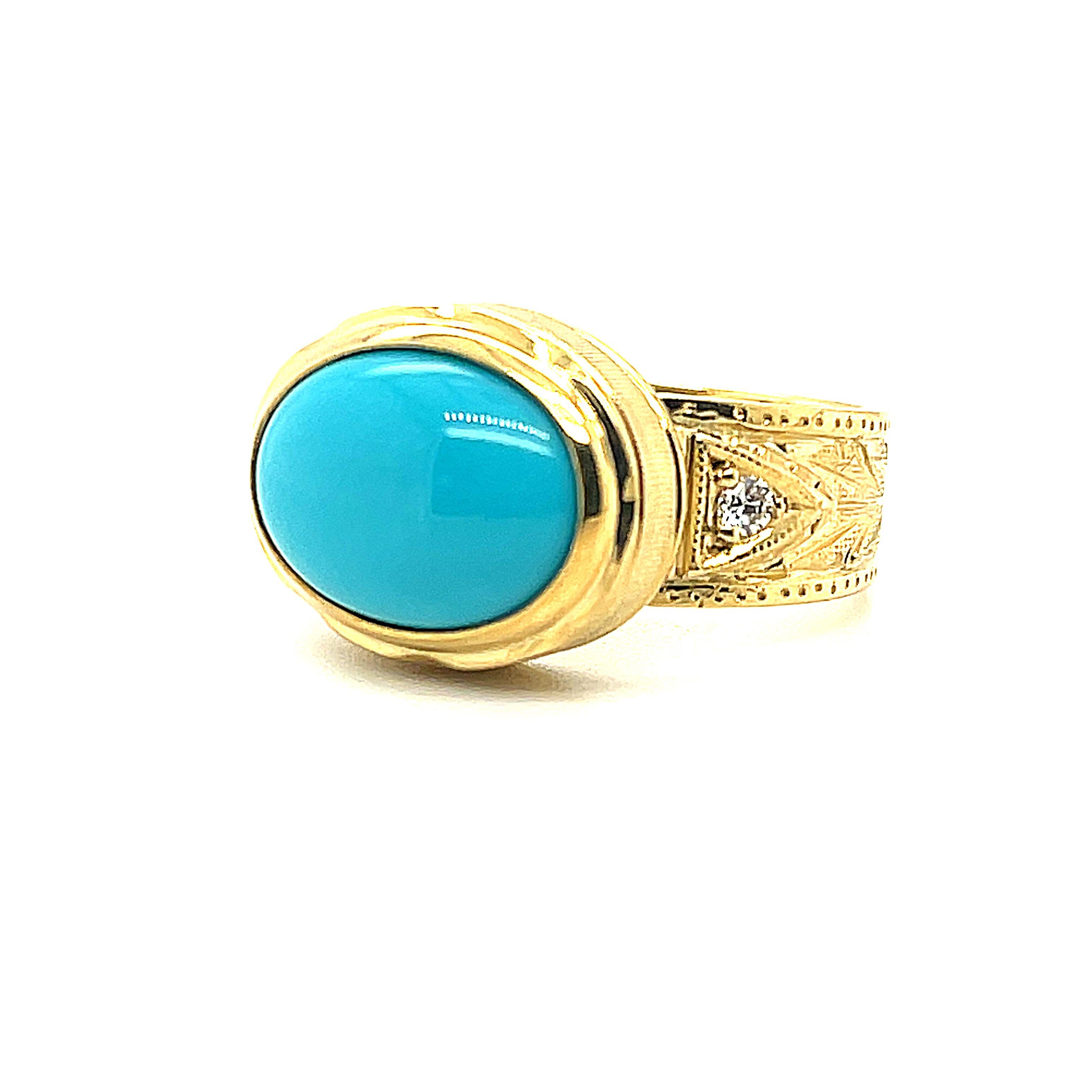 Women's or Men's 3.56 Carat Oval Sleeping Beauty Turquoise and Diamond Yellow Gold Band Ring
