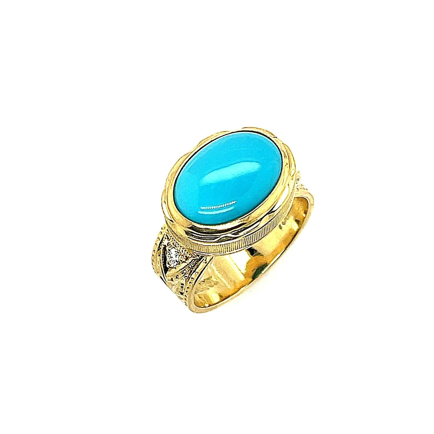 3.56 Carat Oval Sleeping Beauty Turquoise and Diamond Yellow Gold Band Ring 1