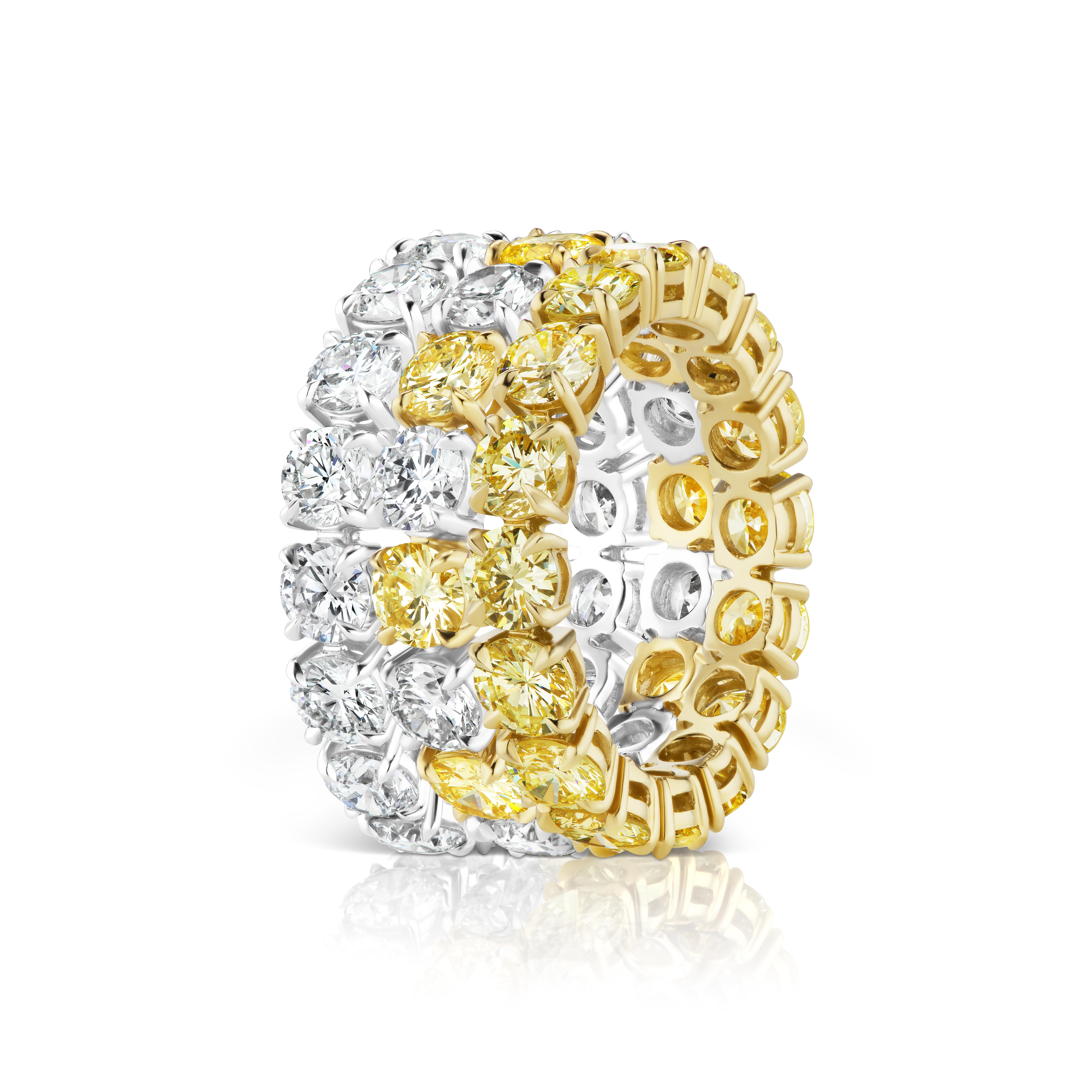 Round Cut 3.56 Carat Round White and Yellow Diamond Eternity Band Ring For Sale