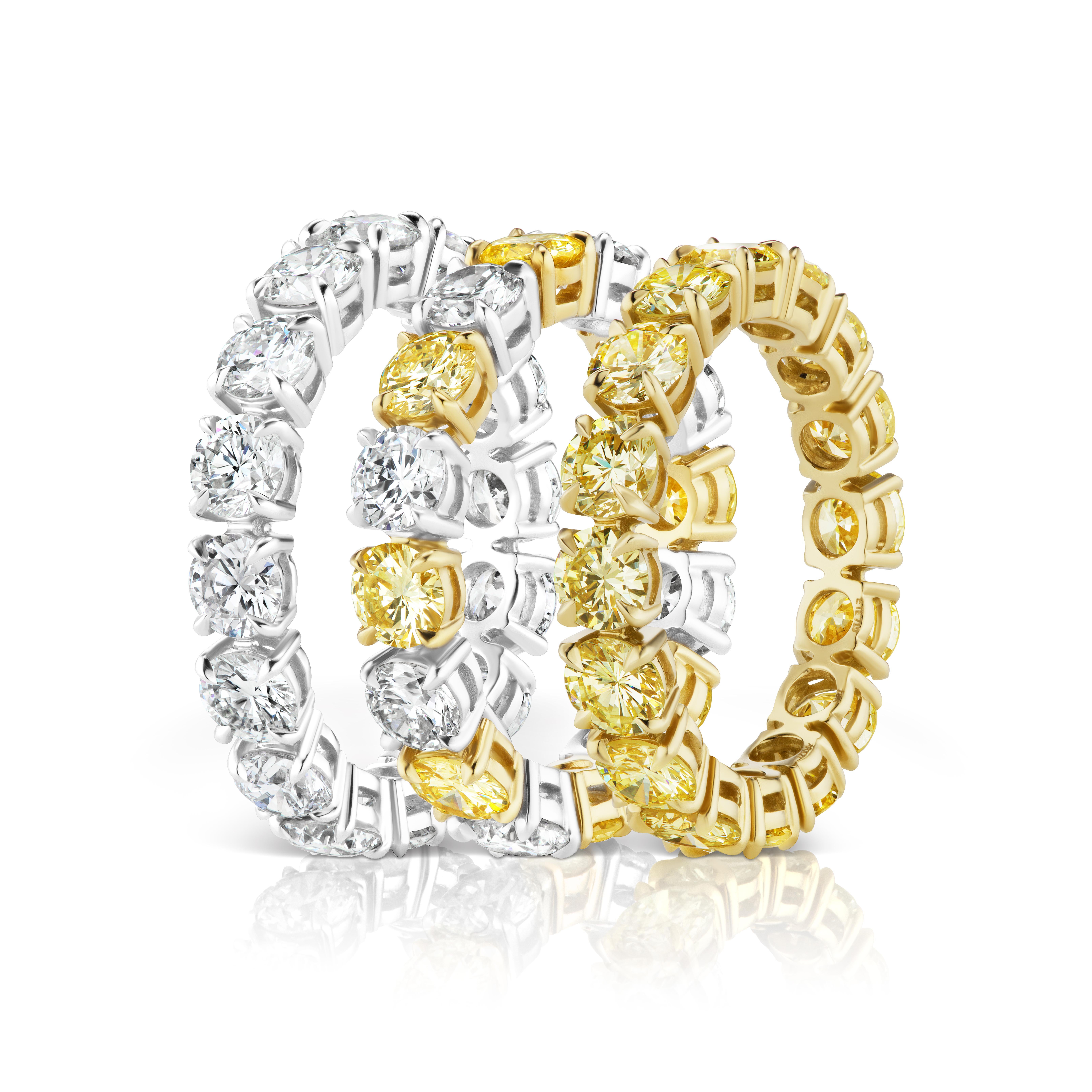 3.56 Carat Round White and Yellow Diamond Eternity Band Ring In New Condition For Sale In New York, NY