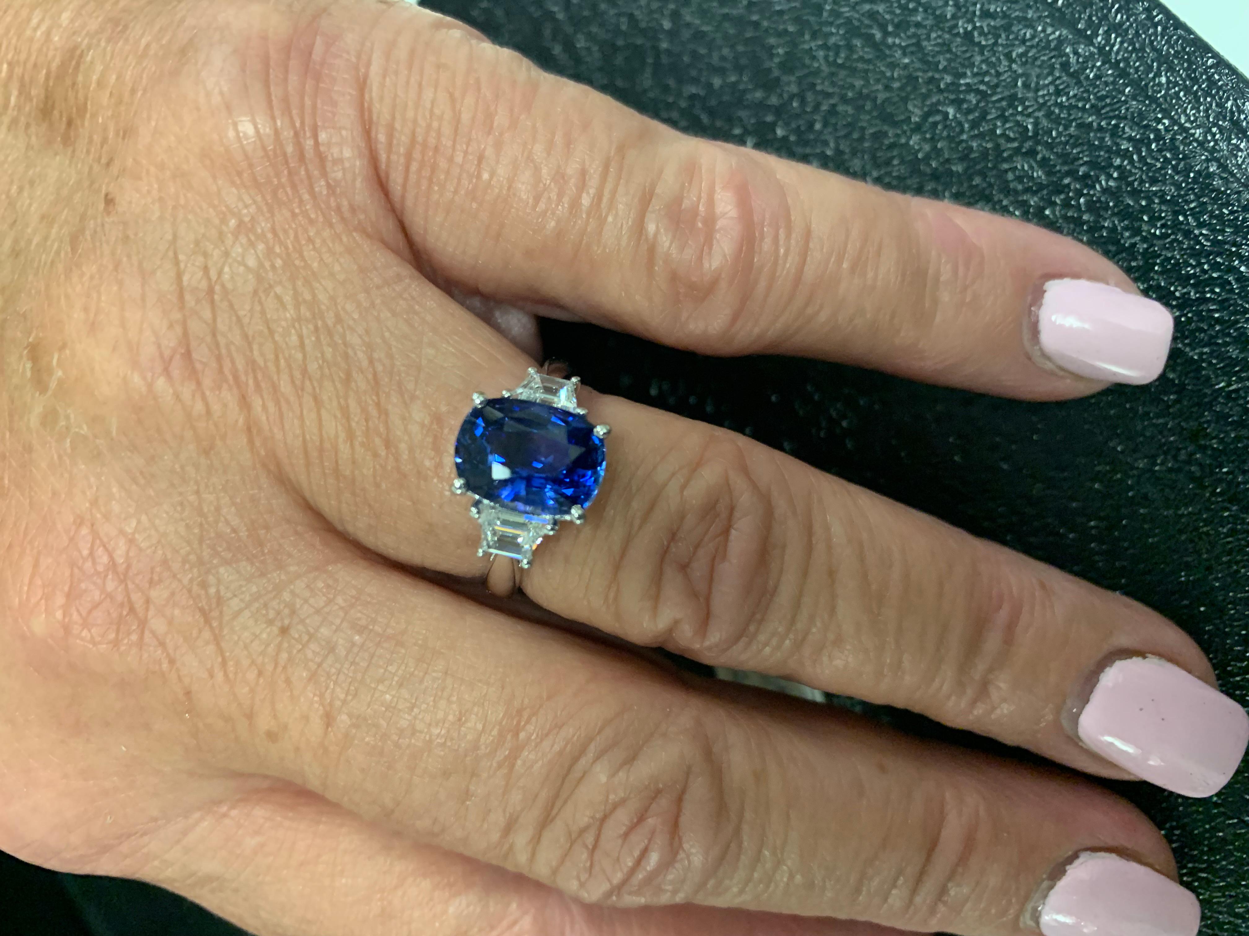 3.56 ct. Blue Sapphire Cushion GIA, Diamond, Platinum 3-Stone Engagement Ring 1