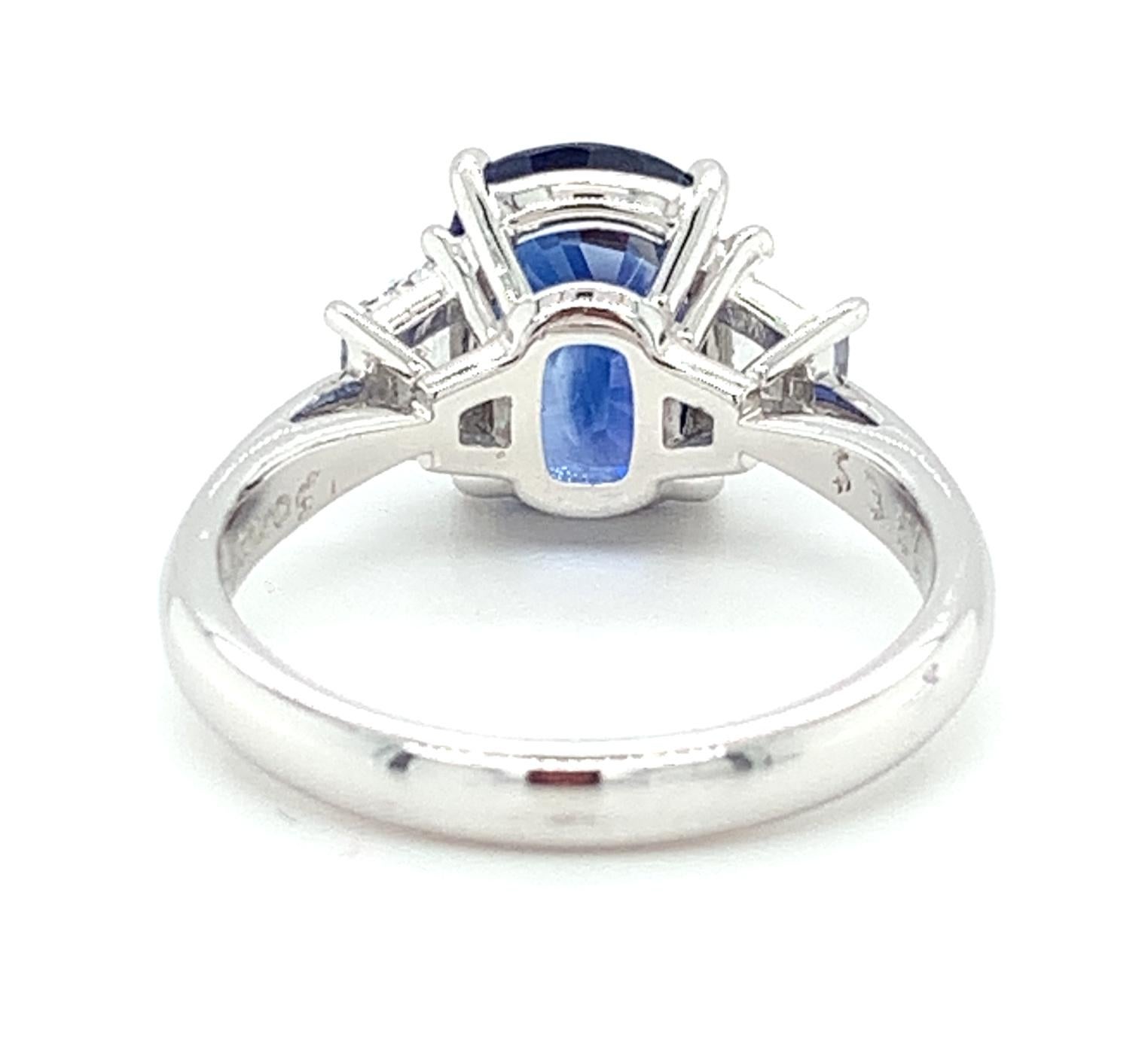 Cushion Cut 3.56 ct. Blue Sapphire Cushion GIA, Diamond, Platinum 3-Stone Engagement Ring