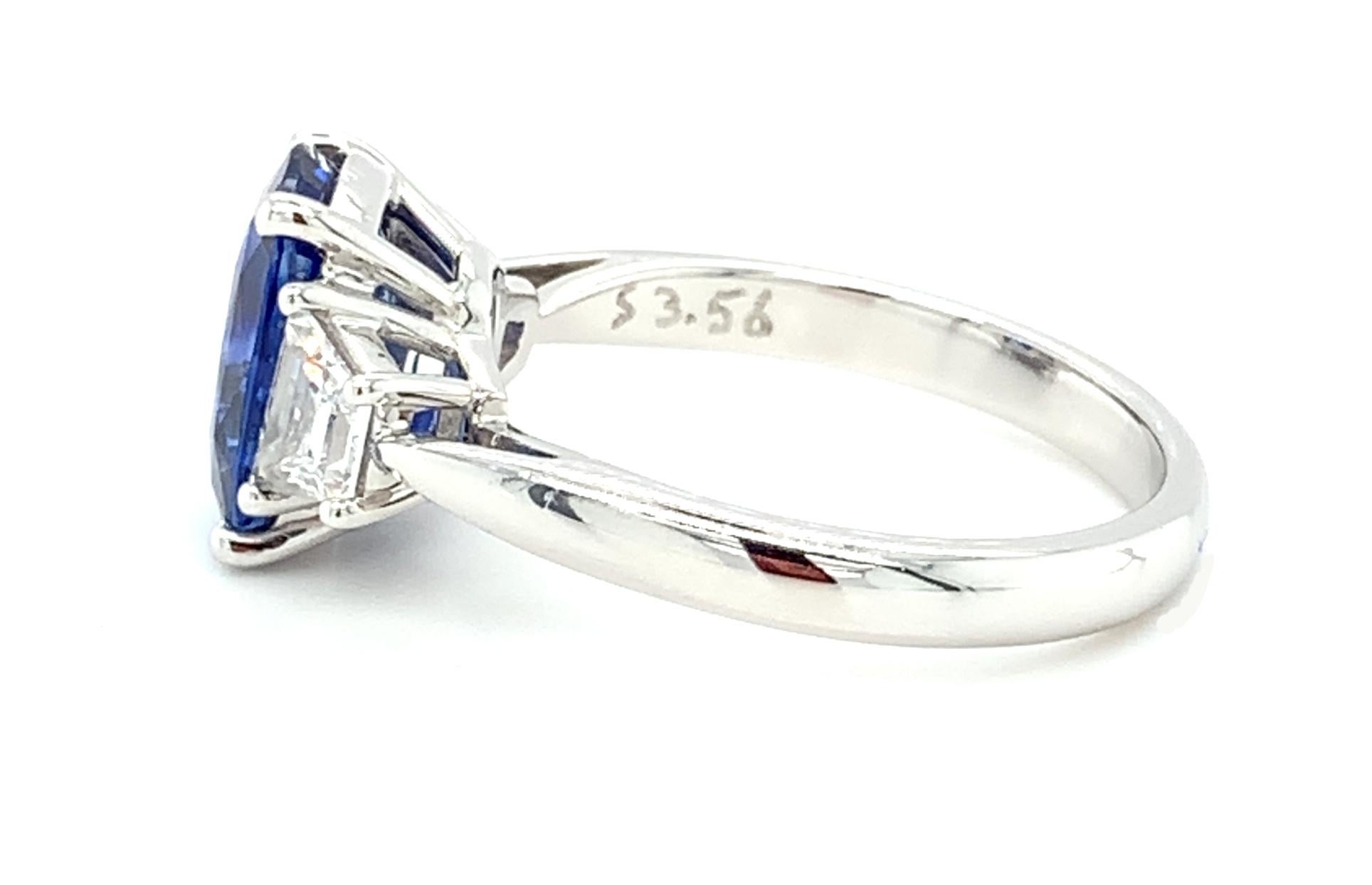 Women's 3.56 ct. Blue Sapphire Cushion GIA, Diamond, Platinum 3-Stone Engagement Ring