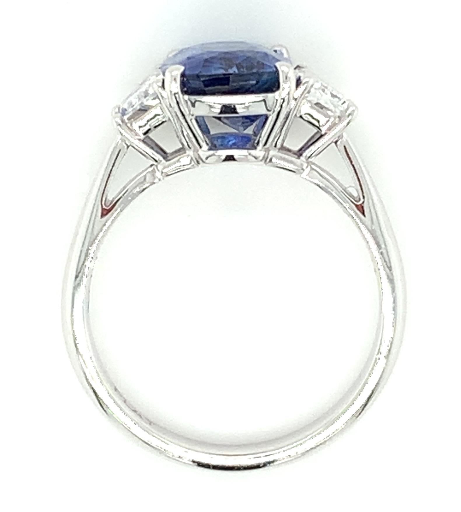 3.56 ct. Blue Sapphire Cushion GIA, Diamond, Platinum 3-Stone Engagement Ring In New Condition In Los Angeles, CA