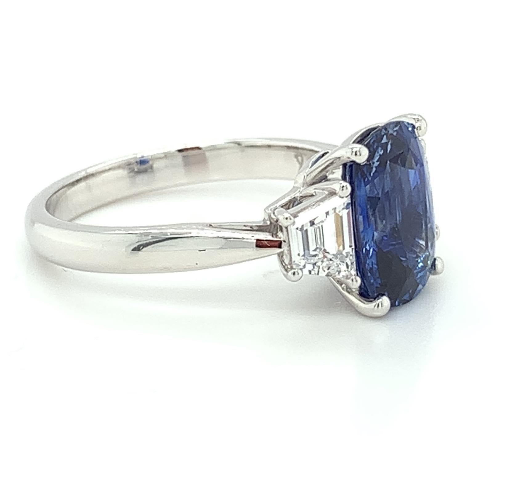 Modern 3.56 ct. Blue Sapphire Cushion GIA, Diamond, Platinum 3-Stone Engagement Ring