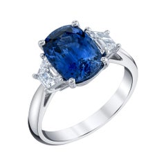 3.56 ct. Blue Sapphire Cushion GIA, Diamond, Platinum 3-Stone Engagement Ring