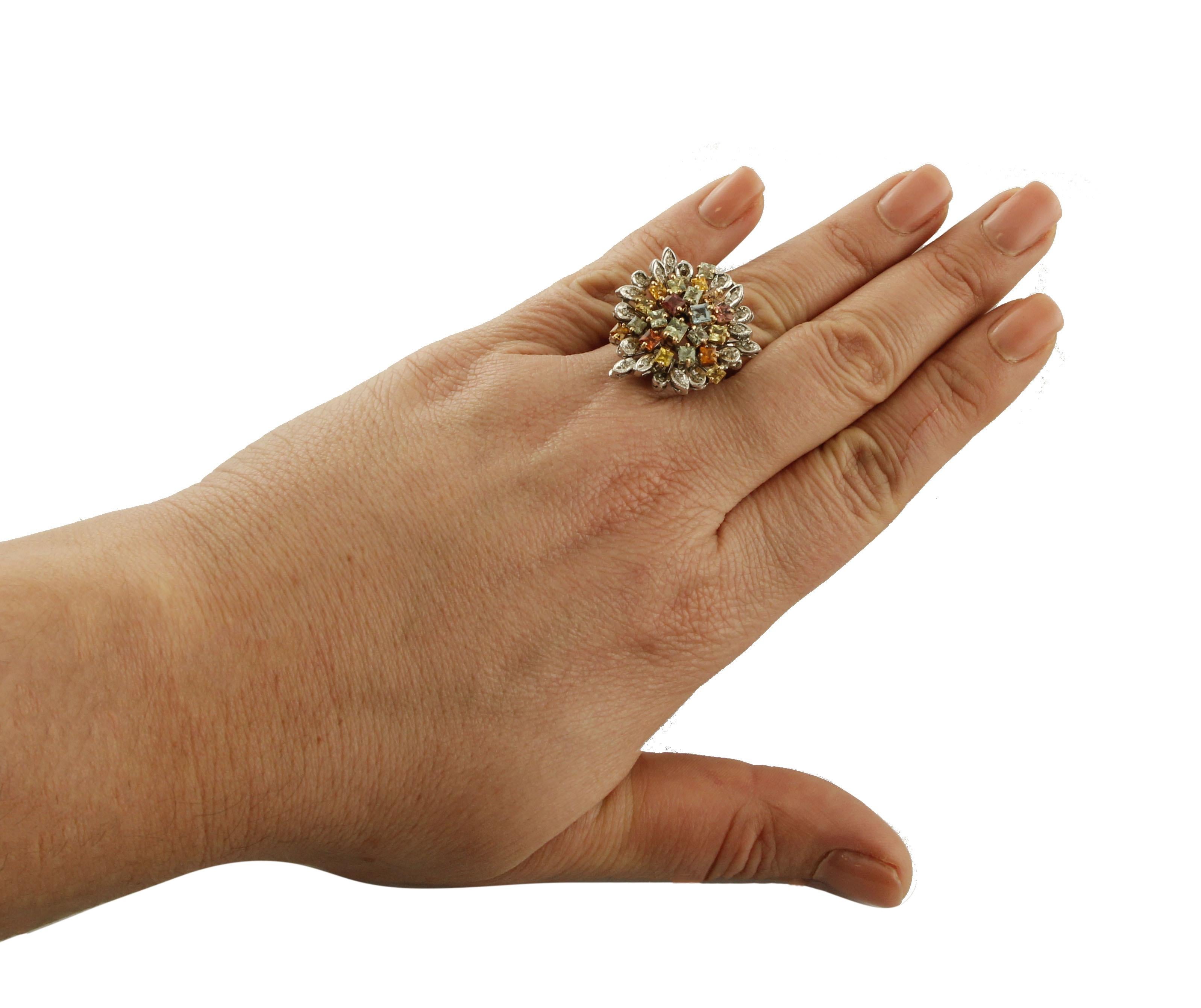 Women's 3.56 Carat Multi-Color Sapphires, White Diamonds White Gold Cluster Retrò Ring